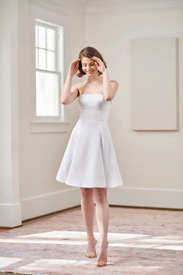 Jacqueline Strapless Little White Rehearsal and Casual Wedding Dress With Pink Tie