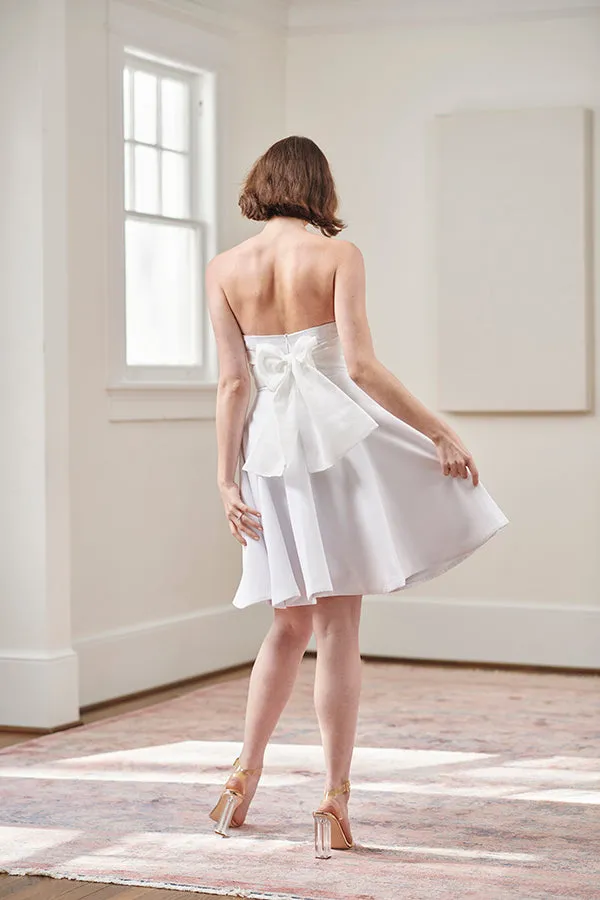 Jacqueline Strapless Little White Rehearsal and Casual Wedding Dress With Pink Tie