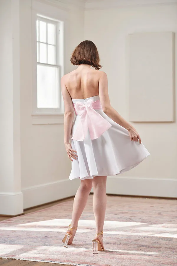 Jacqueline Strapless Little White Rehearsal and Casual Wedding Dress With Pink Tie