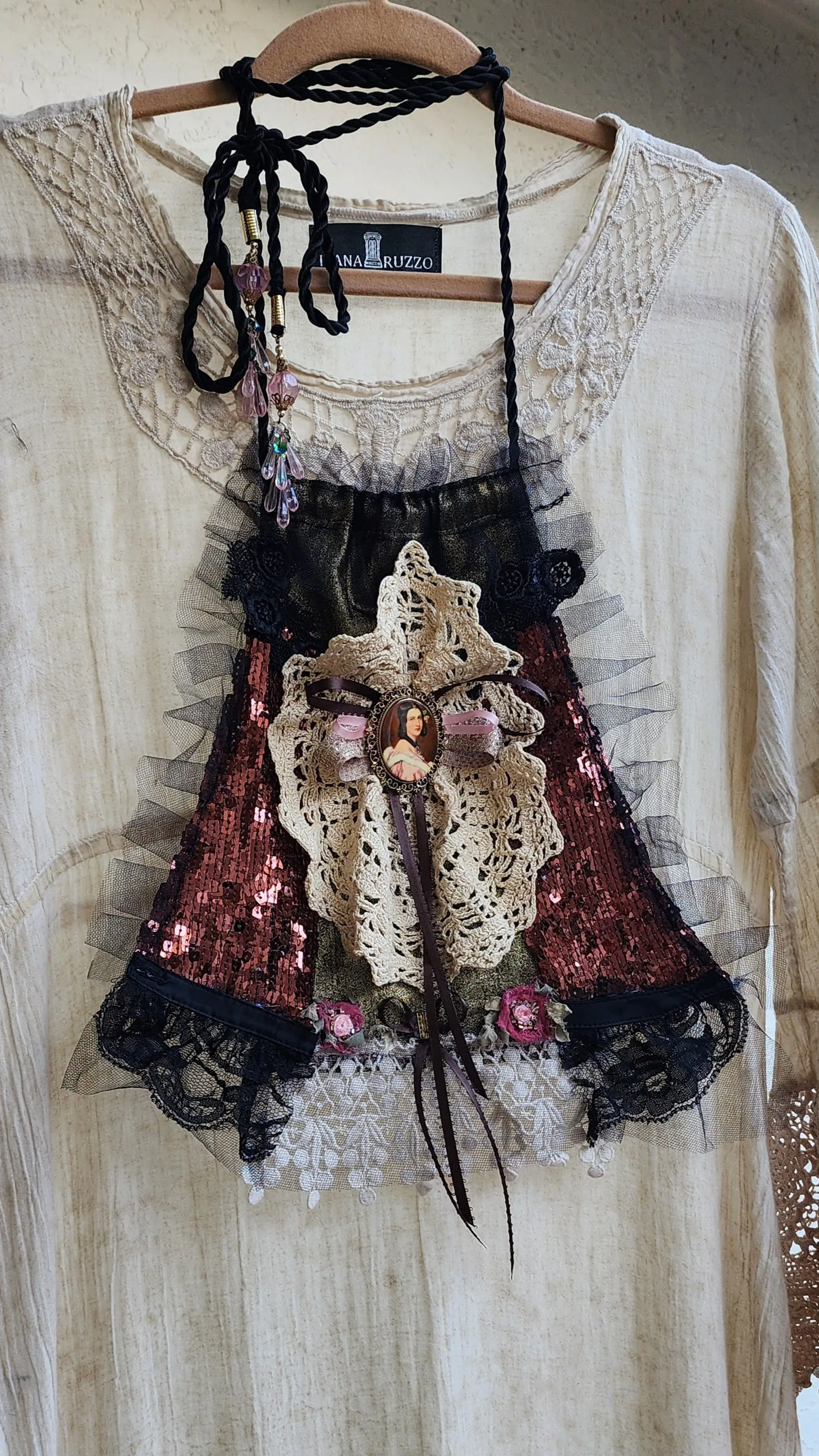 Jane Eyre  / Deigner Necklace Shabby Chic Jabot Large Rose Magnolia Black Bow tie Handcrafted Large Cameo Necklace