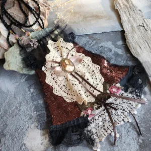 Jane Eyre  / Deigner Necklace Shabby Chic Jabot Large Rose Magnolia Black Bow tie Handcrafted Large Cameo Necklace
