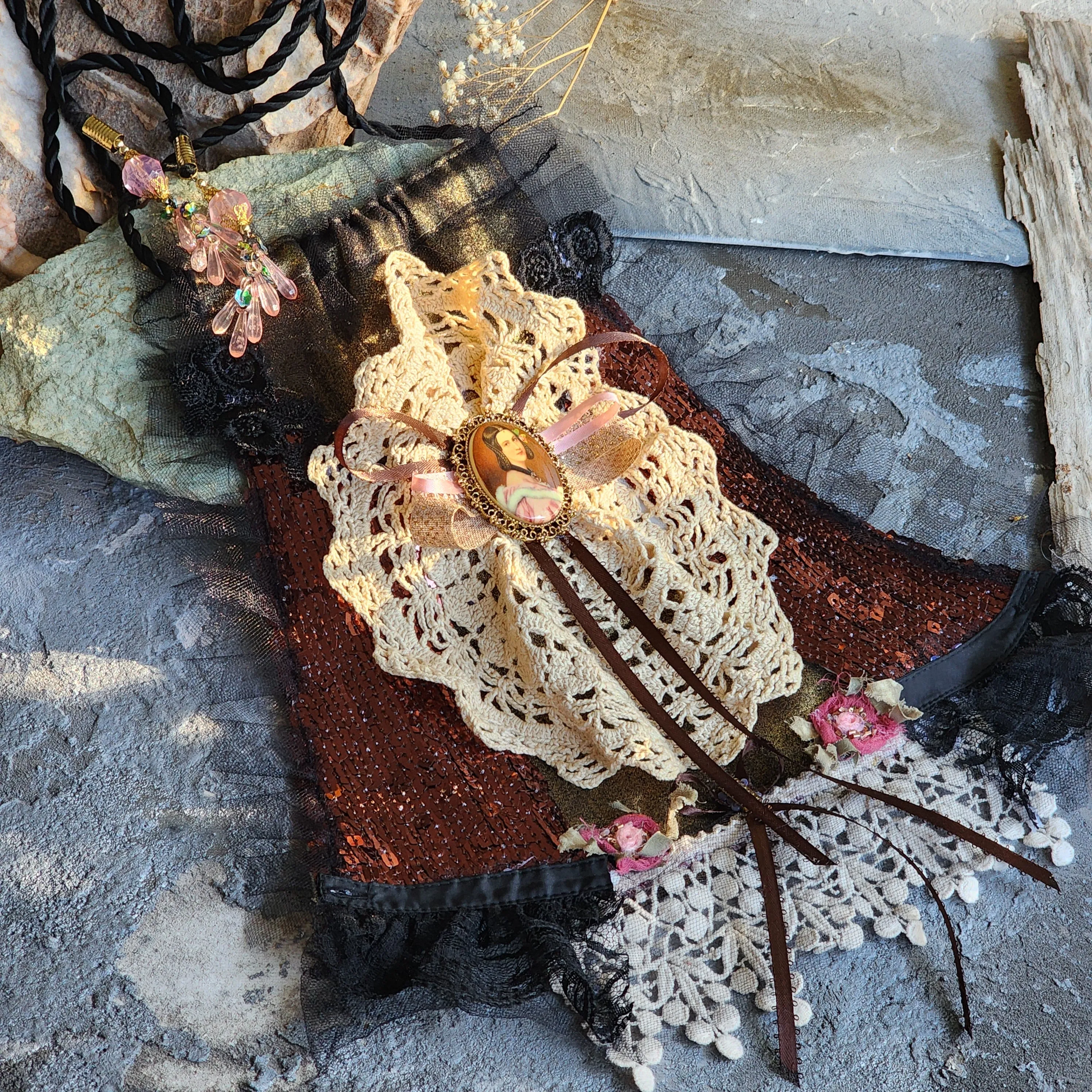 Jane Eyre  / Deigner Necklace Shabby Chic Jabot Large Rose Magnolia Black Bow tie Handcrafted Large Cameo Necklace