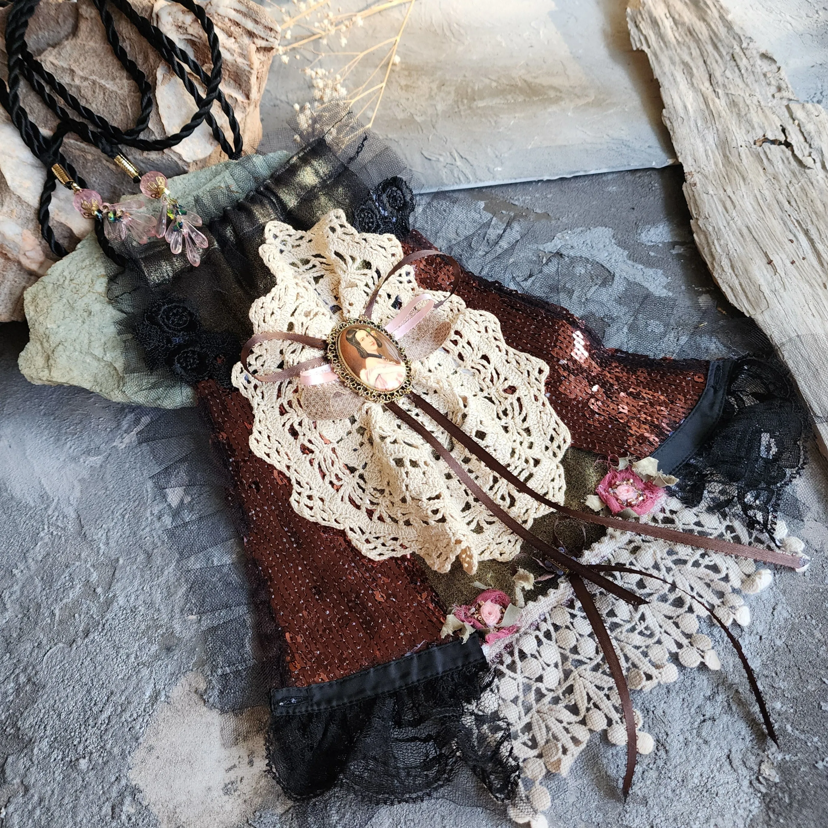 Jane Eyre  / Deigner Necklace Shabby Chic Jabot Large Rose Magnolia Black Bow tie Handcrafted Large Cameo Necklace