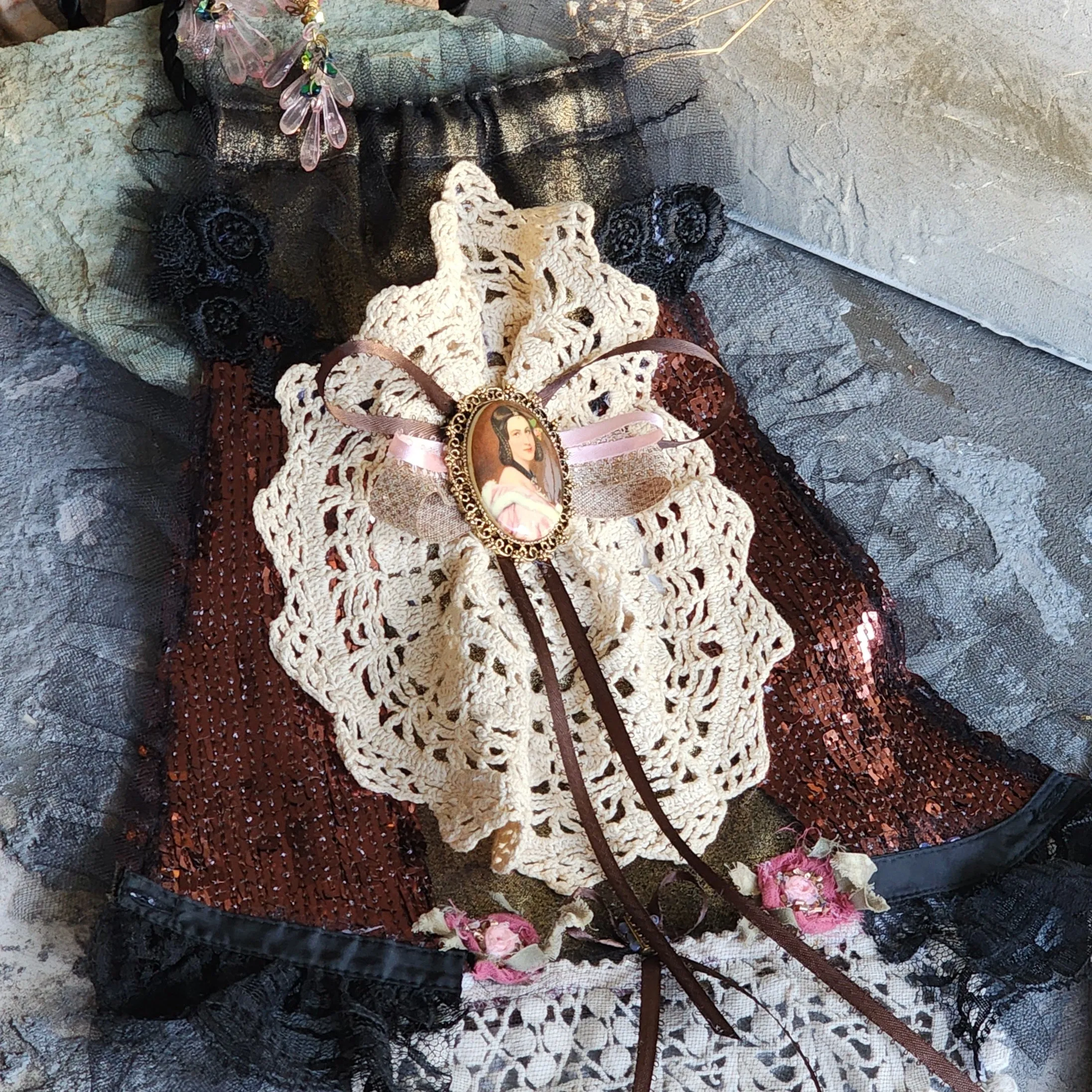 Jane Eyre  / Deigner Necklace Shabby Chic Jabot Large Rose Magnolia Black Bow tie Handcrafted Large Cameo Necklace