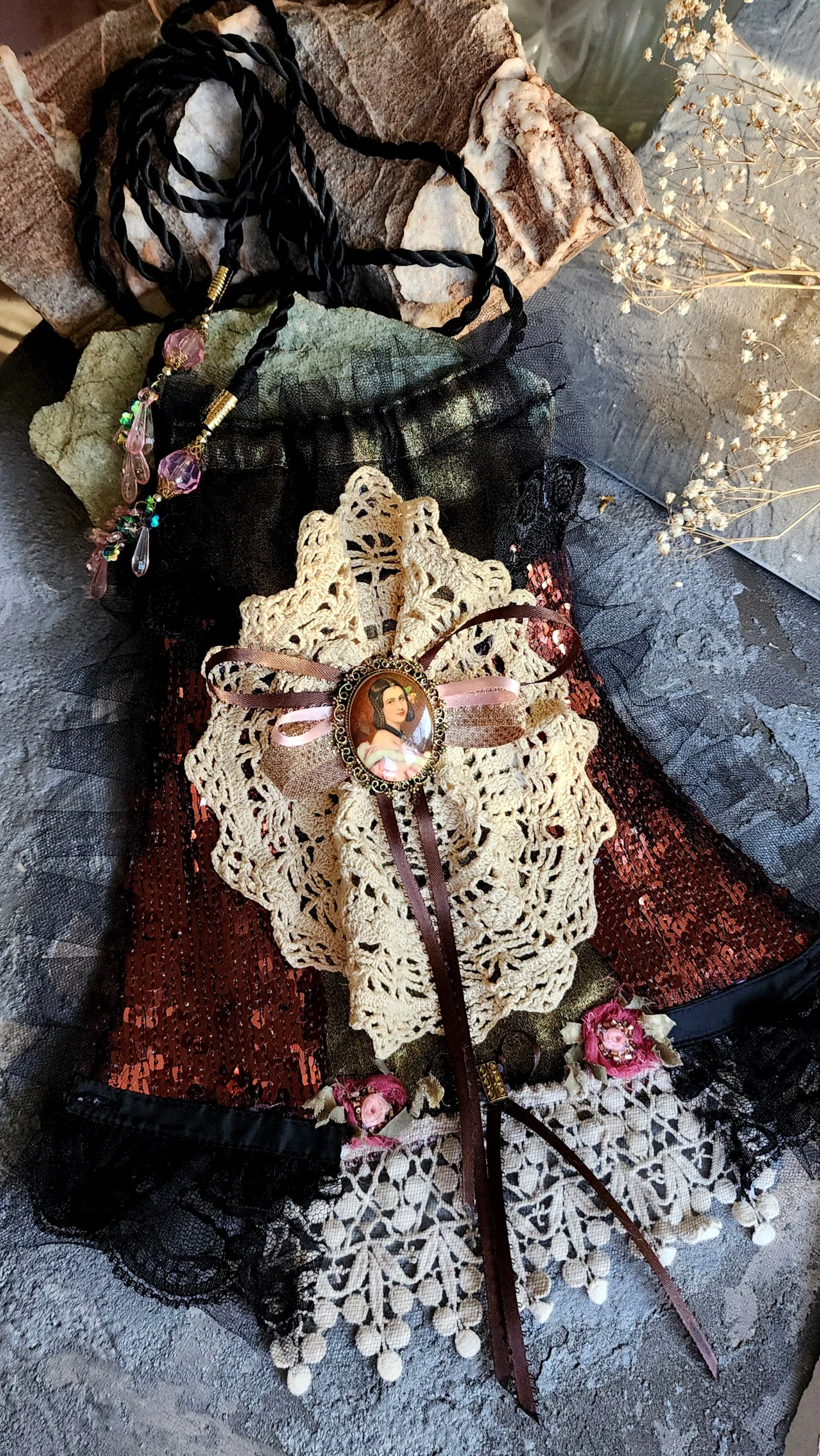 Jane Eyre  / Deigner Necklace Shabby Chic Jabot Large Rose Magnolia Black Bow tie Handcrafted Large Cameo Necklace