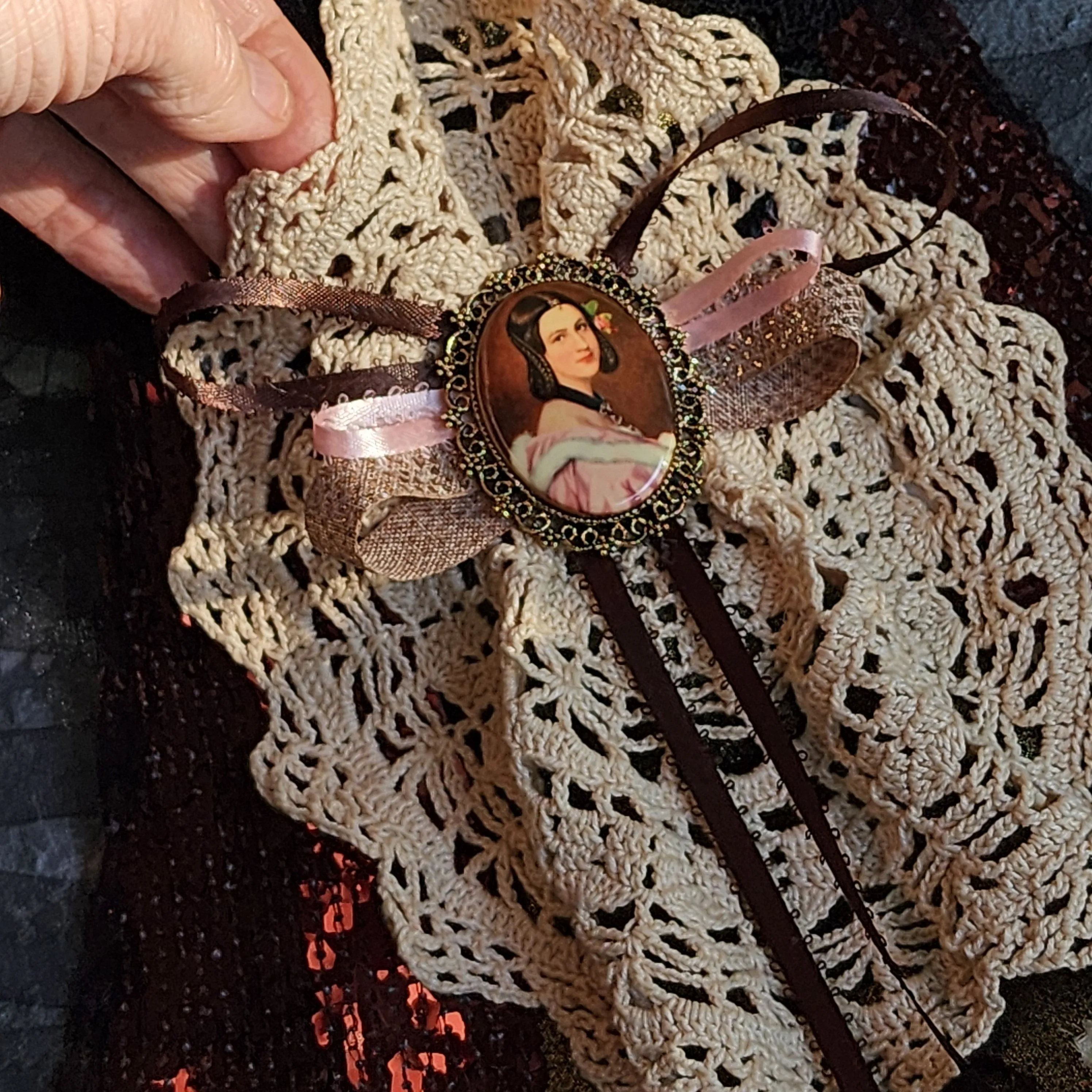 Jane Eyre  / Deigner Necklace Shabby Chic Jabot Large Rose Magnolia Black Bow tie Handcrafted Large Cameo Necklace