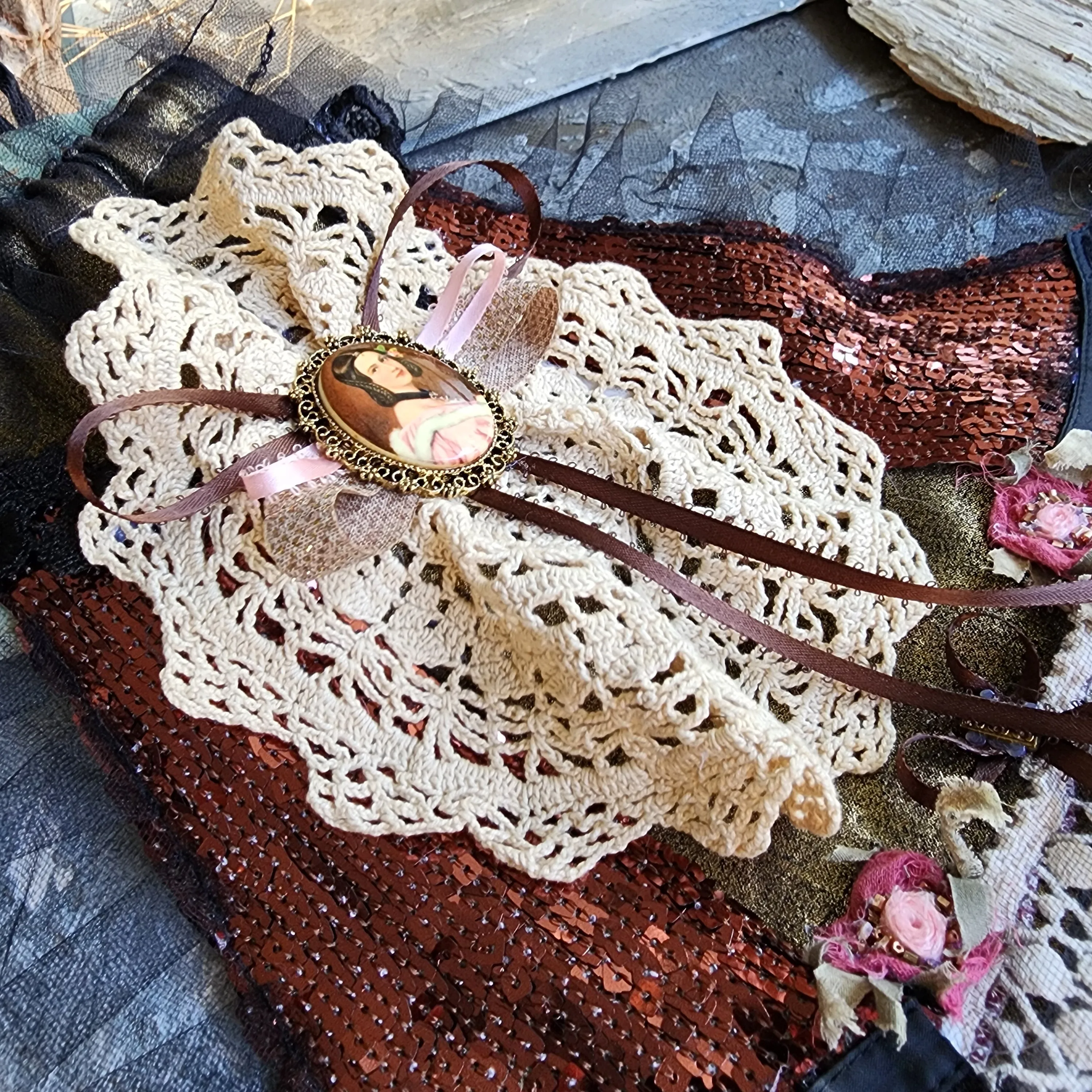 Jane Eyre  / Deigner Necklace Shabby Chic Jabot Large Rose Magnolia Black Bow tie Handcrafted Large Cameo Necklace