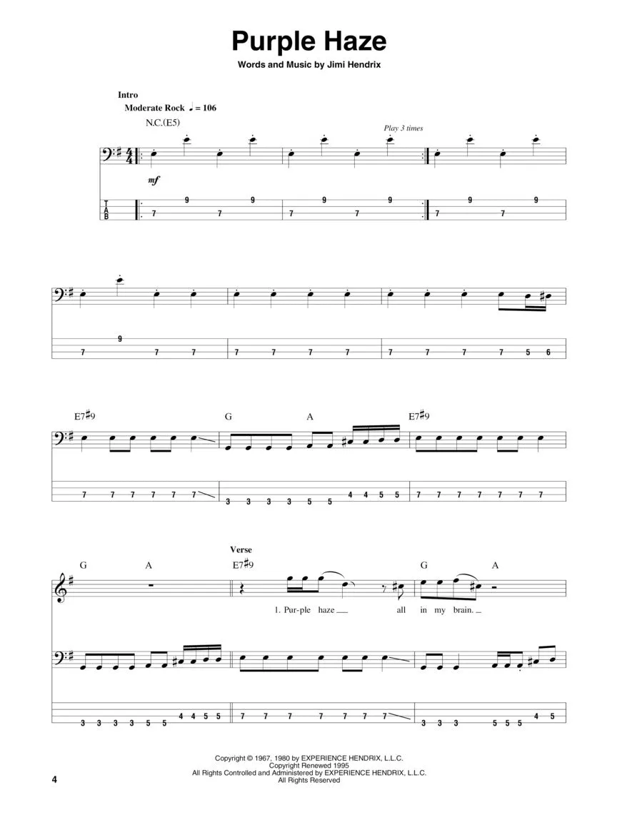 Jimi Hendrix - Smash Hits, Bass Play-Along Volume 10