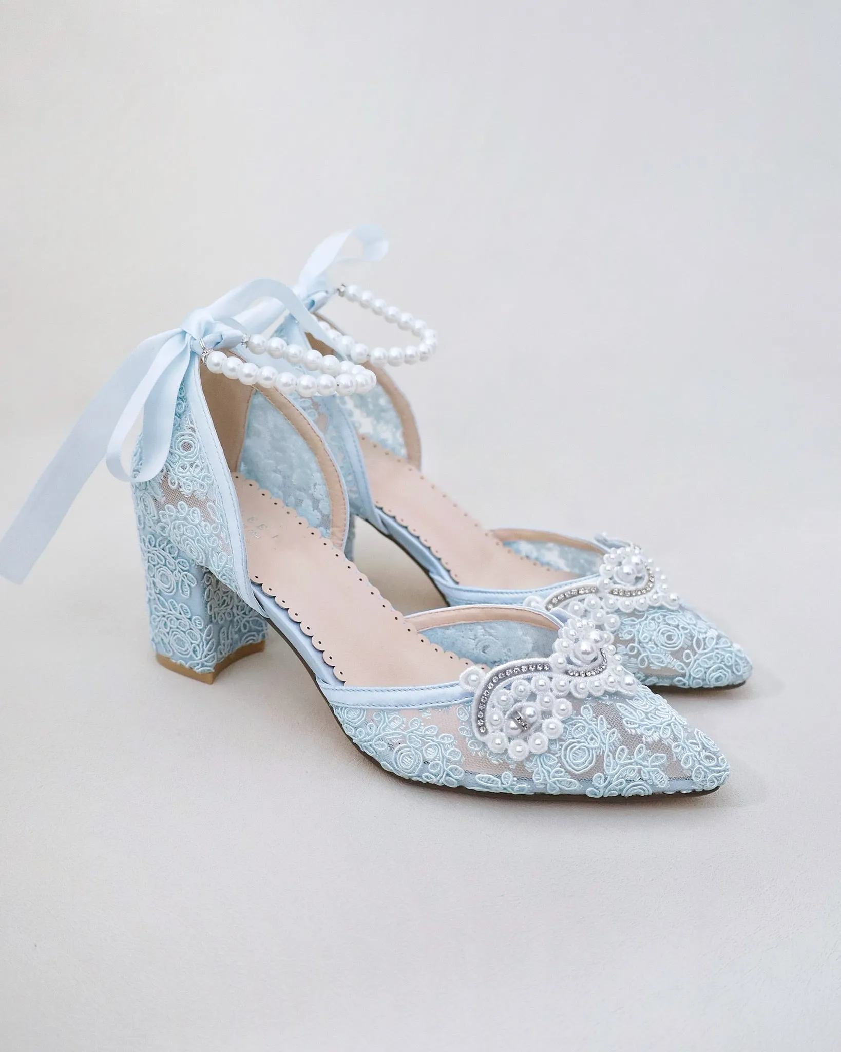 Lace Block Heel Pearl Ankle Wrap For Brides