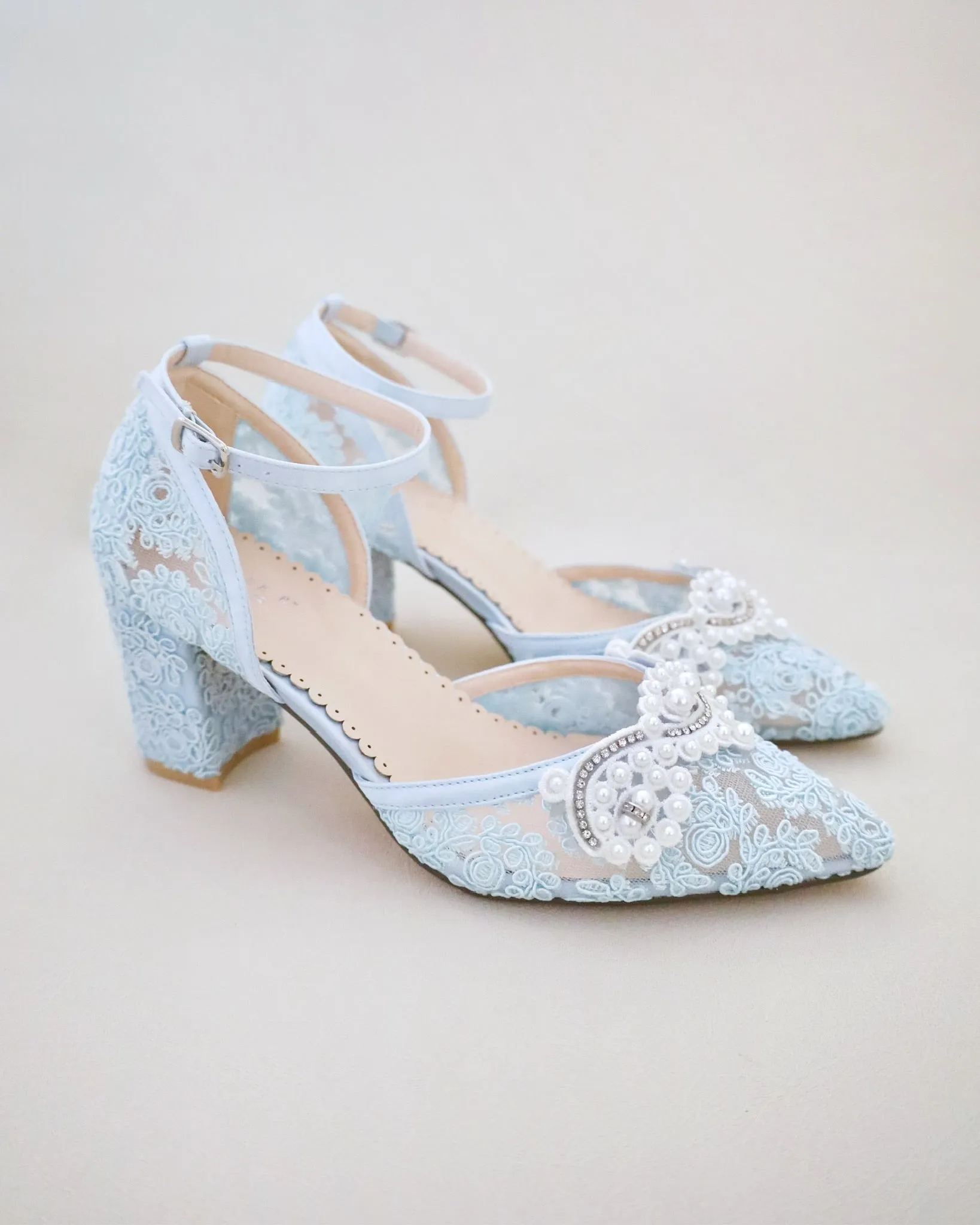 Lace Block Heel Pearl Ankle Wrap For Brides