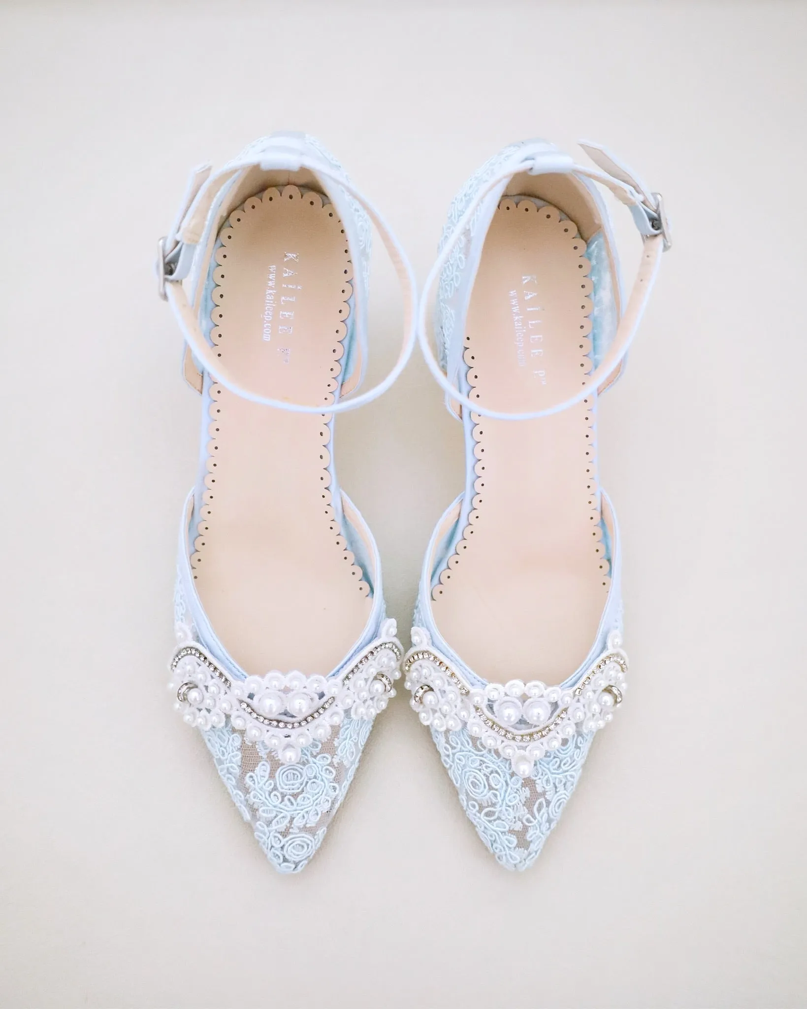 Lace Block Heel Pearl Ankle Wrap For Brides