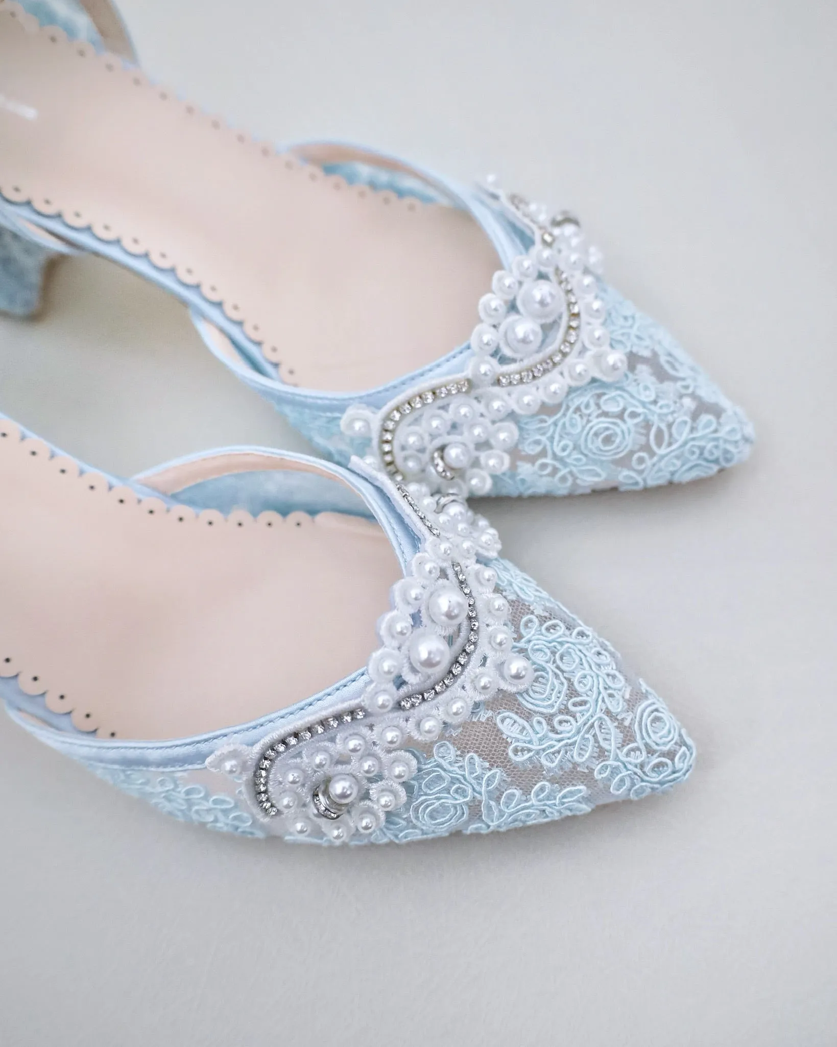 Lace Block Heel Pearl Ankle Wrap For Brides