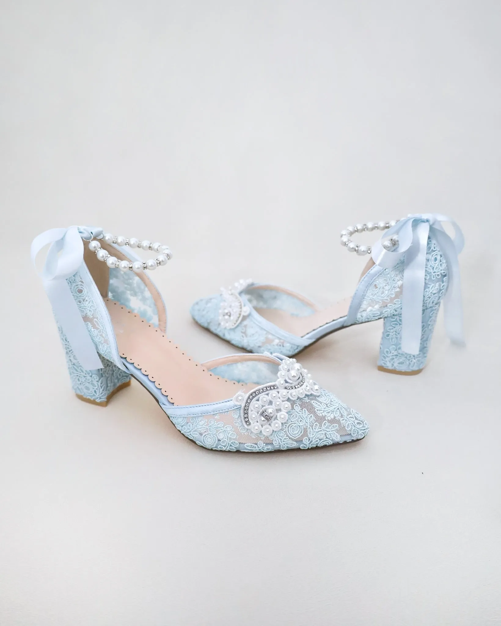 Lace Block Heel Pearl Ankle Wrap For Brides