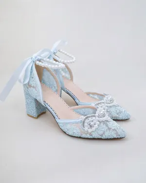 Lace Block Heel Pearl Ankle Wrap For Brides