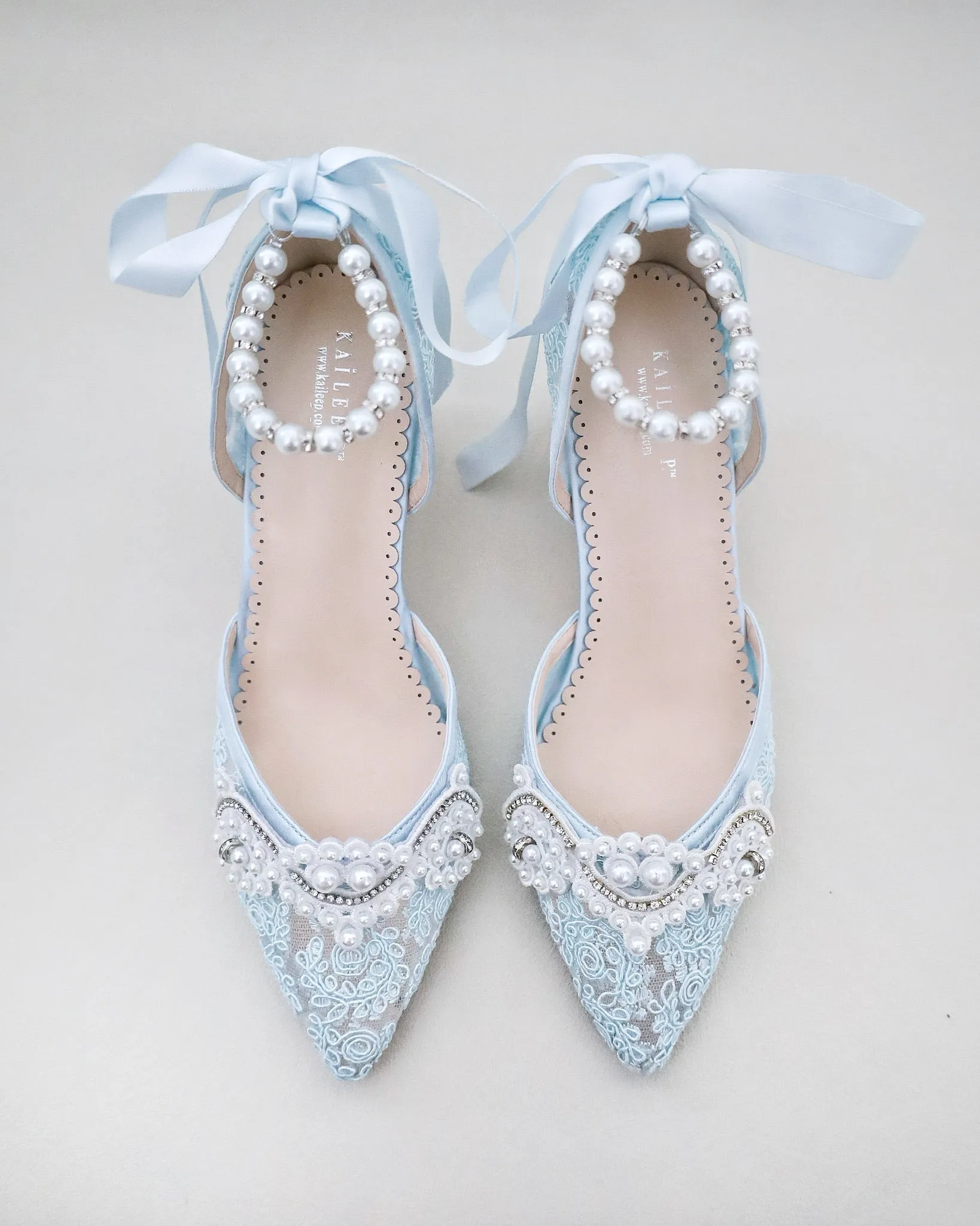 Lace Block Heel Pearl Ankle Wrap For Brides