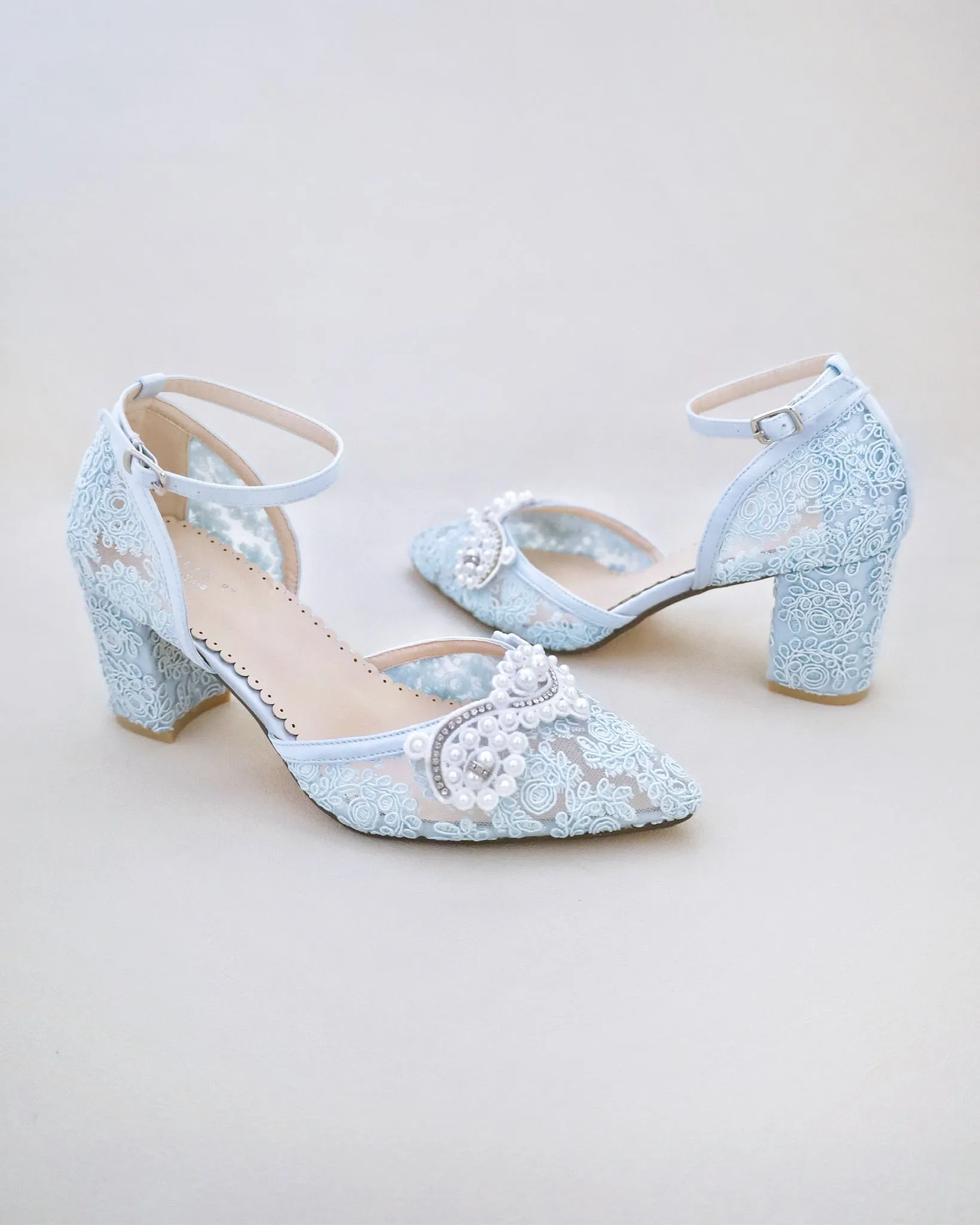 Lace Block Heel Pearl Ankle Wrap For Brides