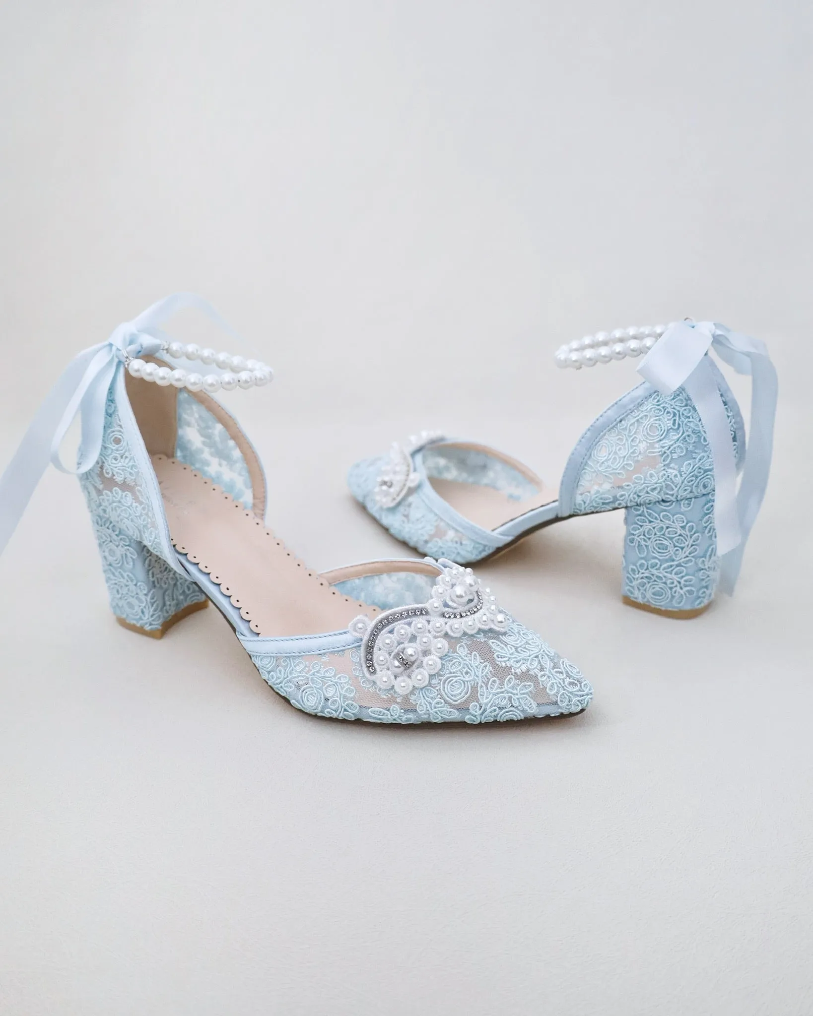 Lace Block Heel Pearl Ankle Wrap For Brides