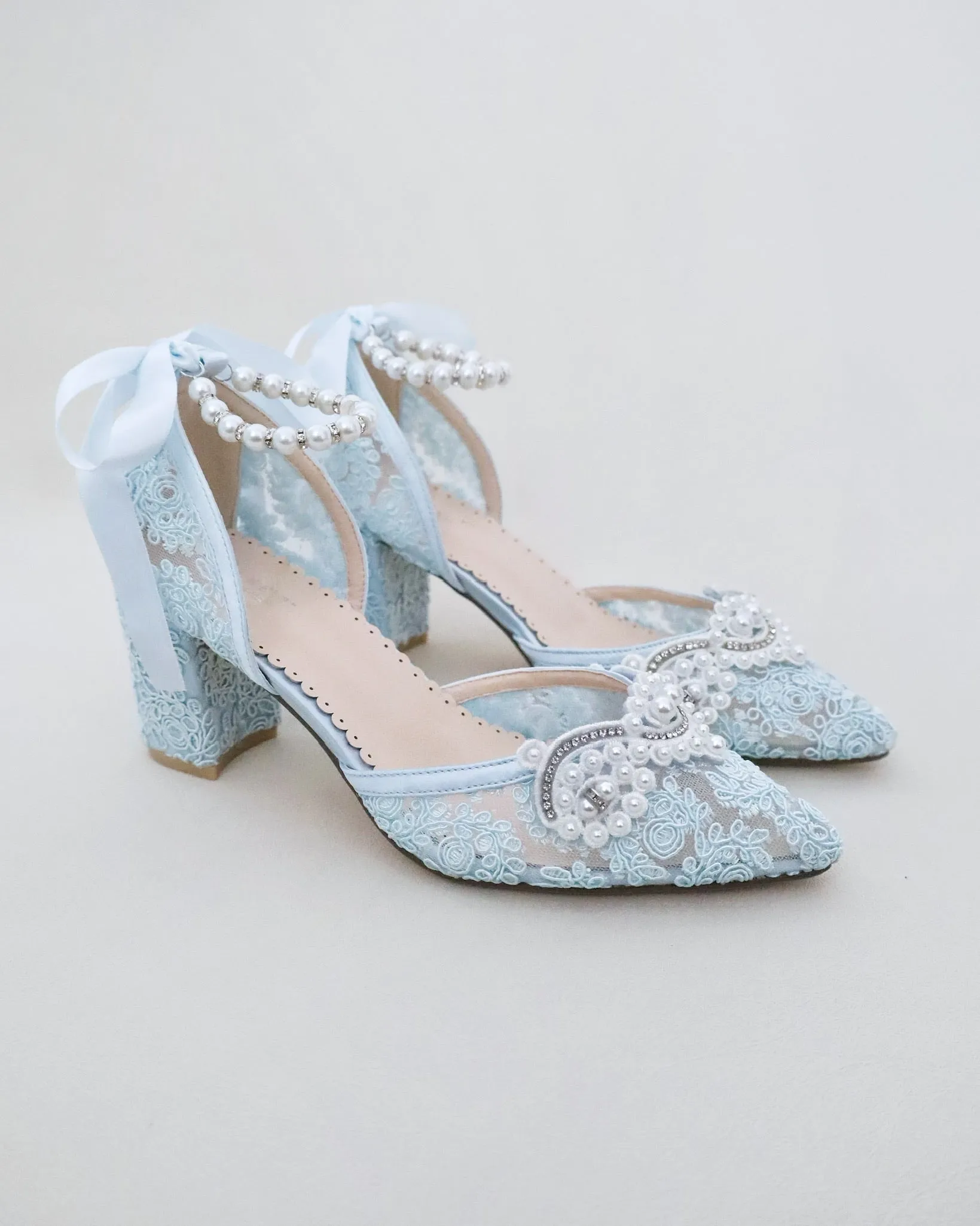 Lace Block Heel Pearl Ankle Wrap For Brides