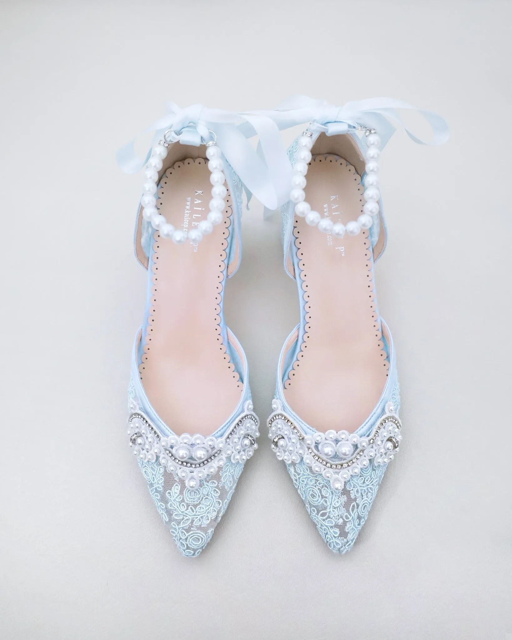 Lace Block Heel Pearl Ankle Wrap For Brides