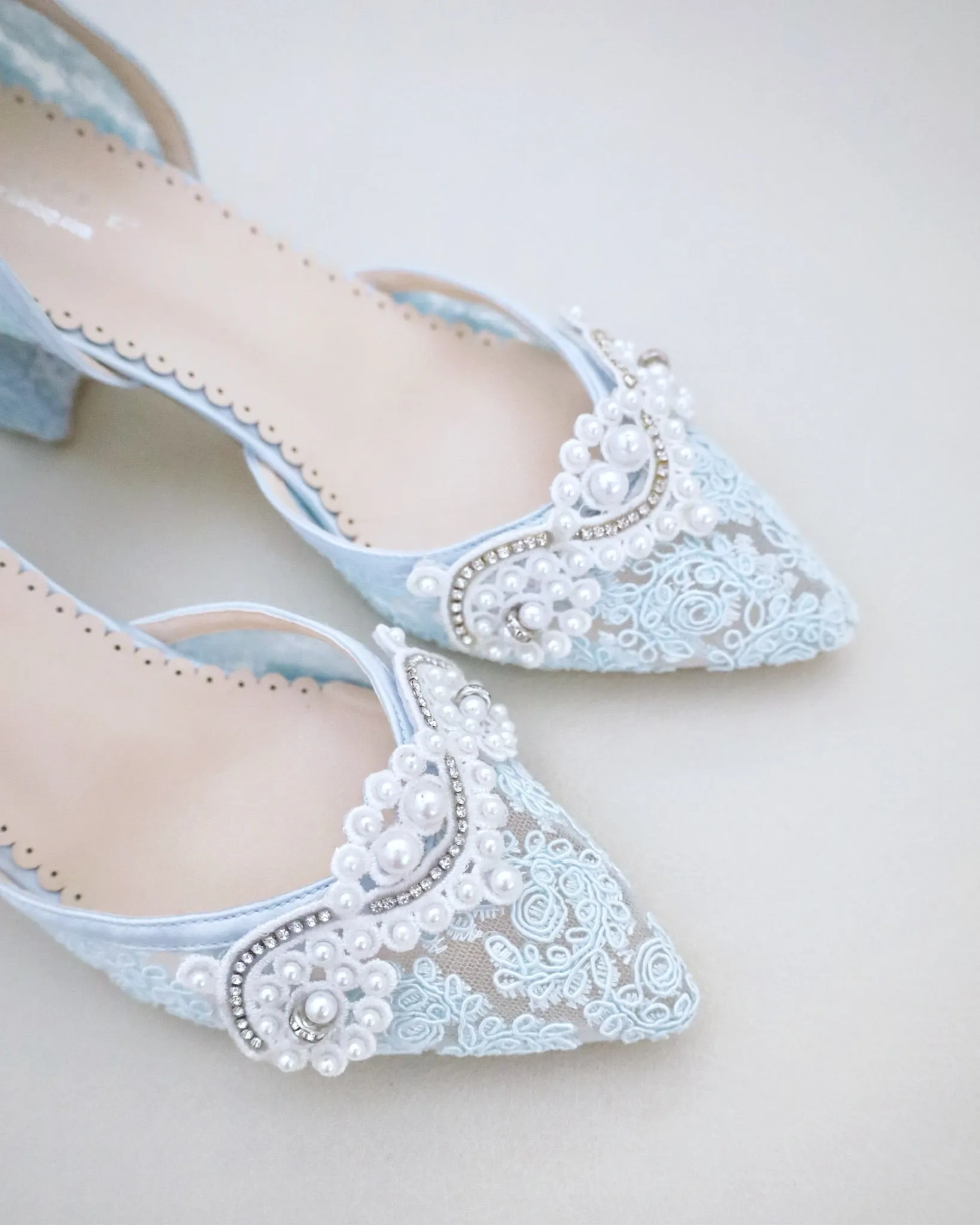Lace Block Heel Pearl Ankle Wrap For Brides