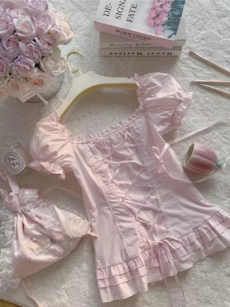 Lace Ribbon Puff Blouse