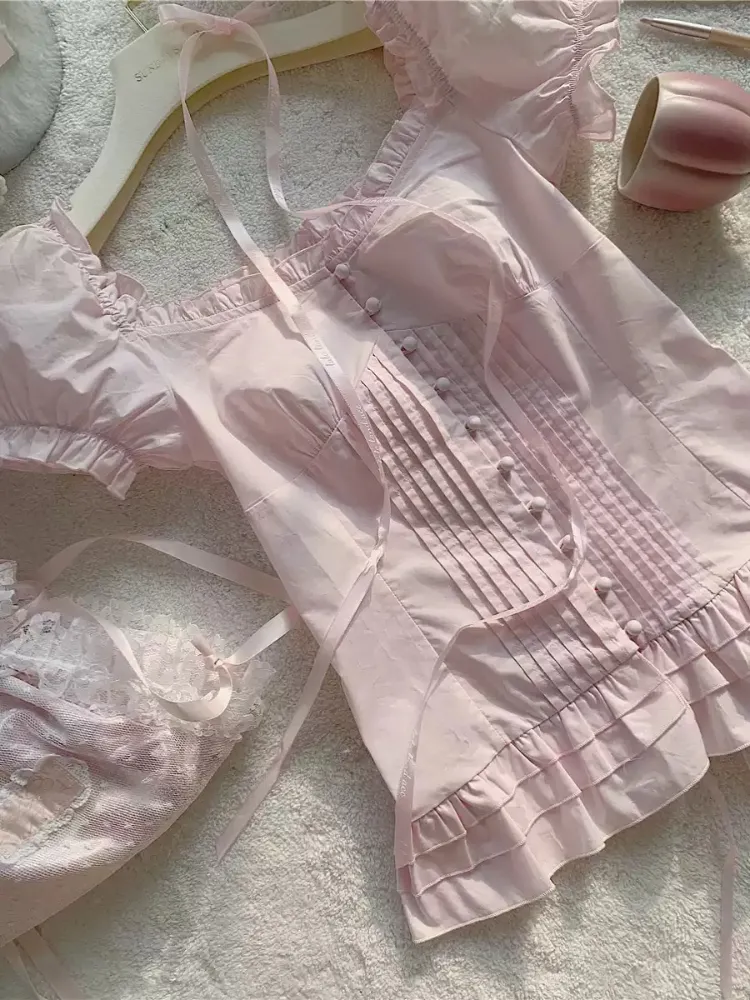 Lace Ribbon Puff Blouse