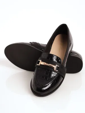 Ladies Embossed Loafer With Petersham And Metal Bar - Black