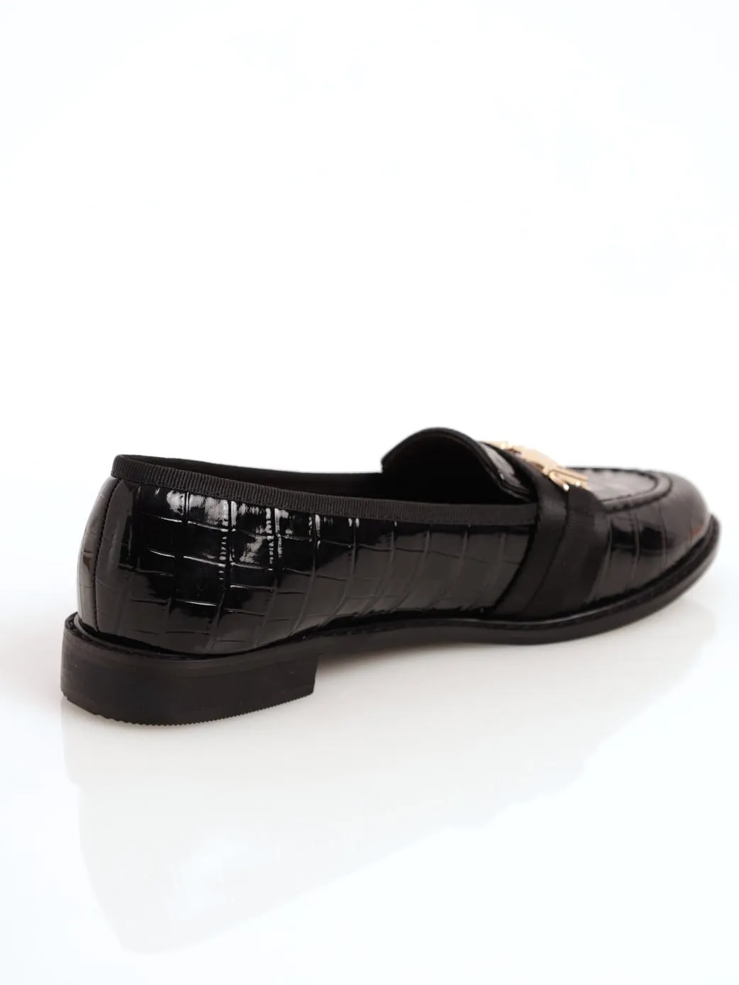 Ladies Embossed Loafer With Petersham And Metal Bar - Black