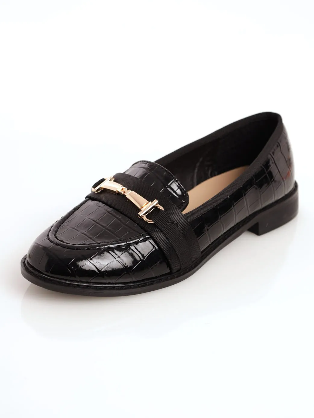Ladies Embossed Loafer With Petersham And Metal Bar - Black