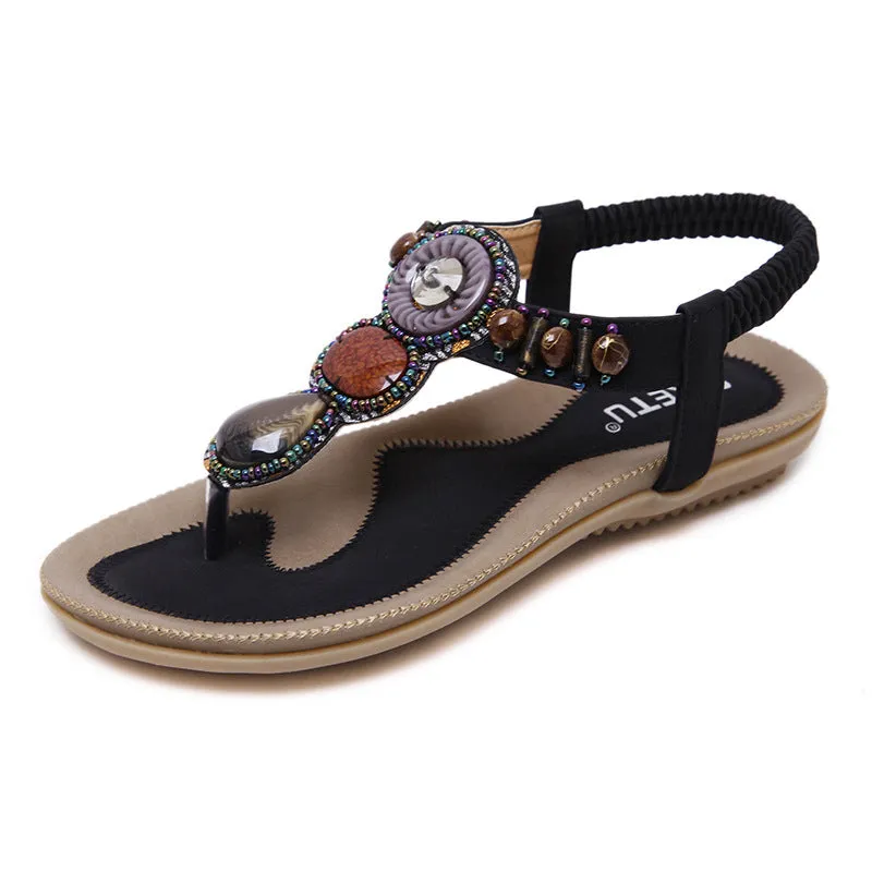 Ladies Summer Holiday Vintage Beads Elastic Band Sandals