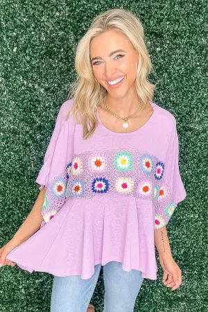 Lavender Crocheted Detail Flare Knit Top