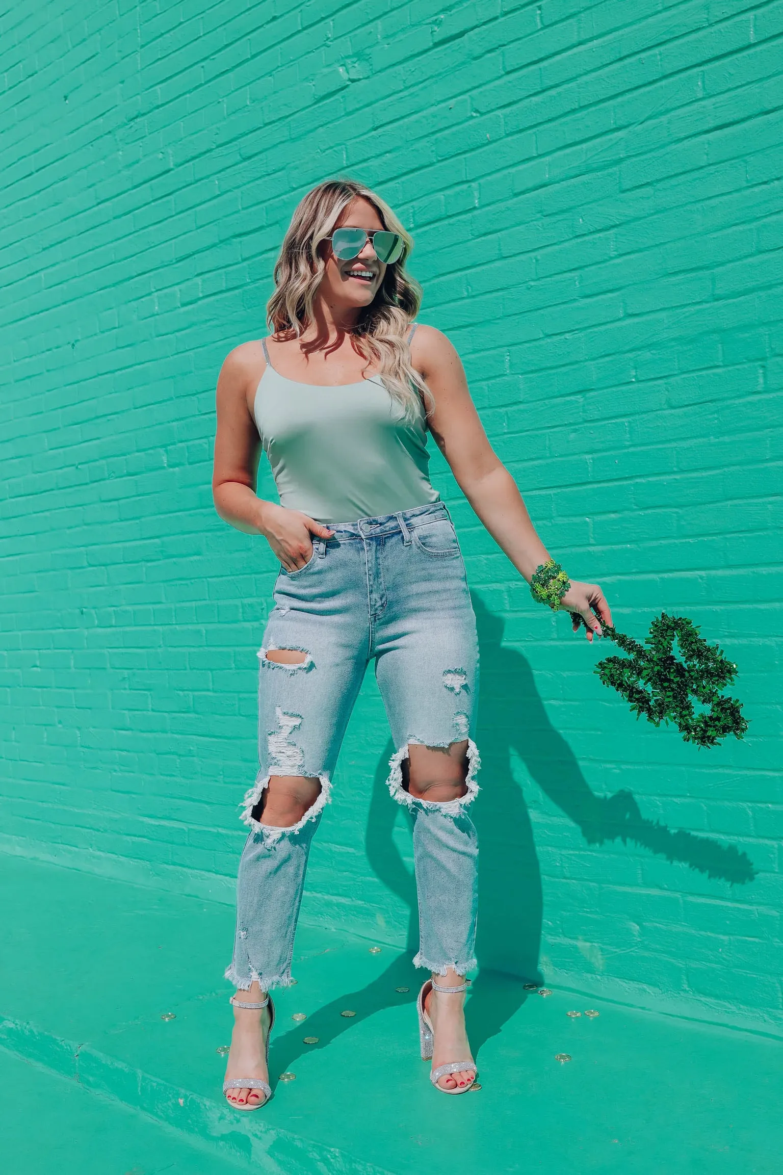 Lavish Rhinestone Strap Bodysuit - Sage