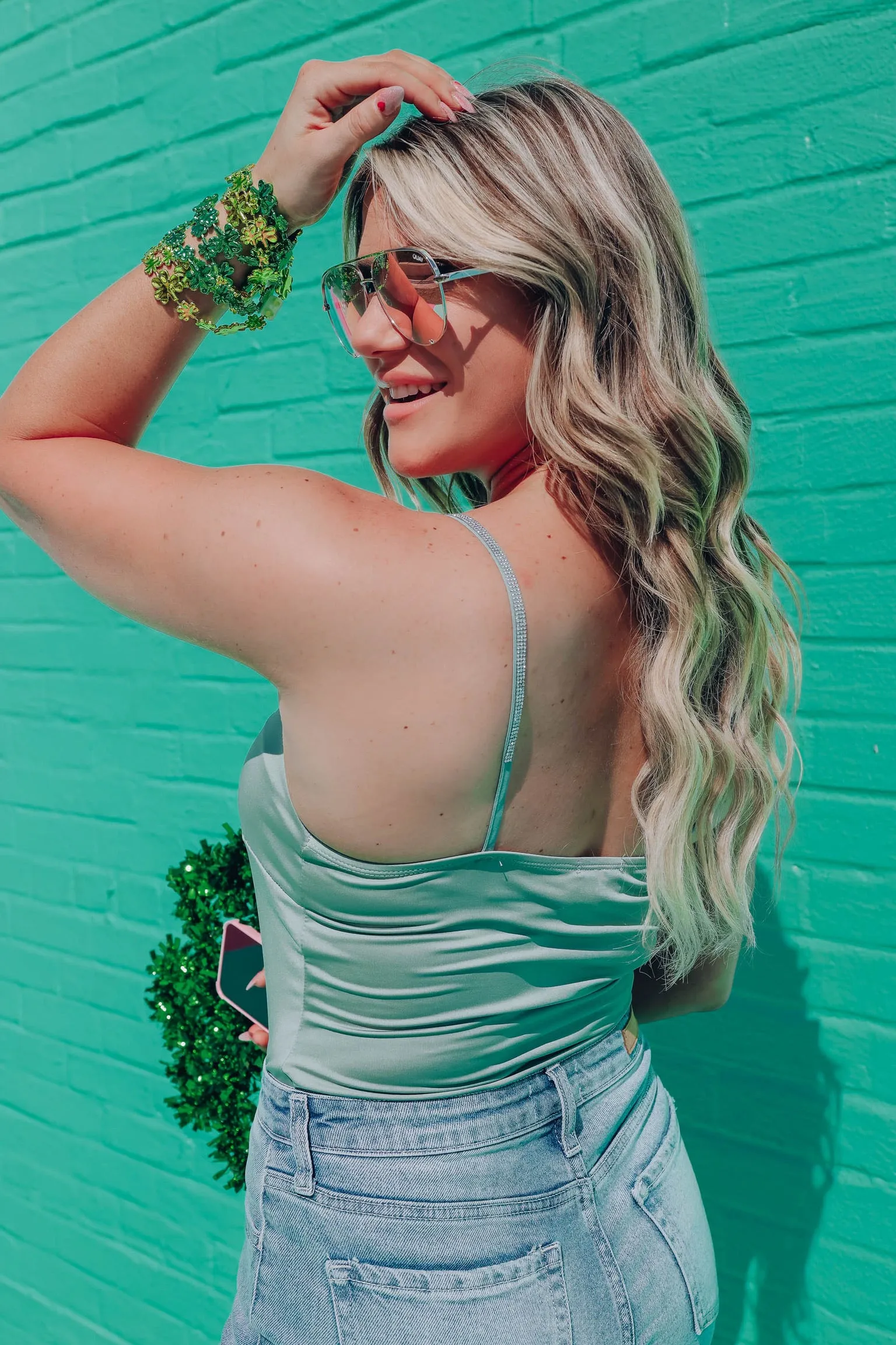 Lavish Rhinestone Strap Bodysuit - Sage