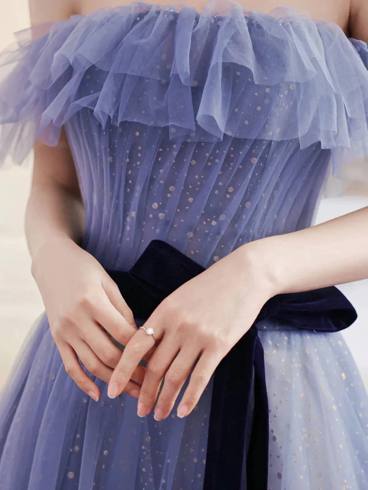 Light Purple Tulle Off Shoulder Long Formal Dress with Bow, A-line Evening Gown