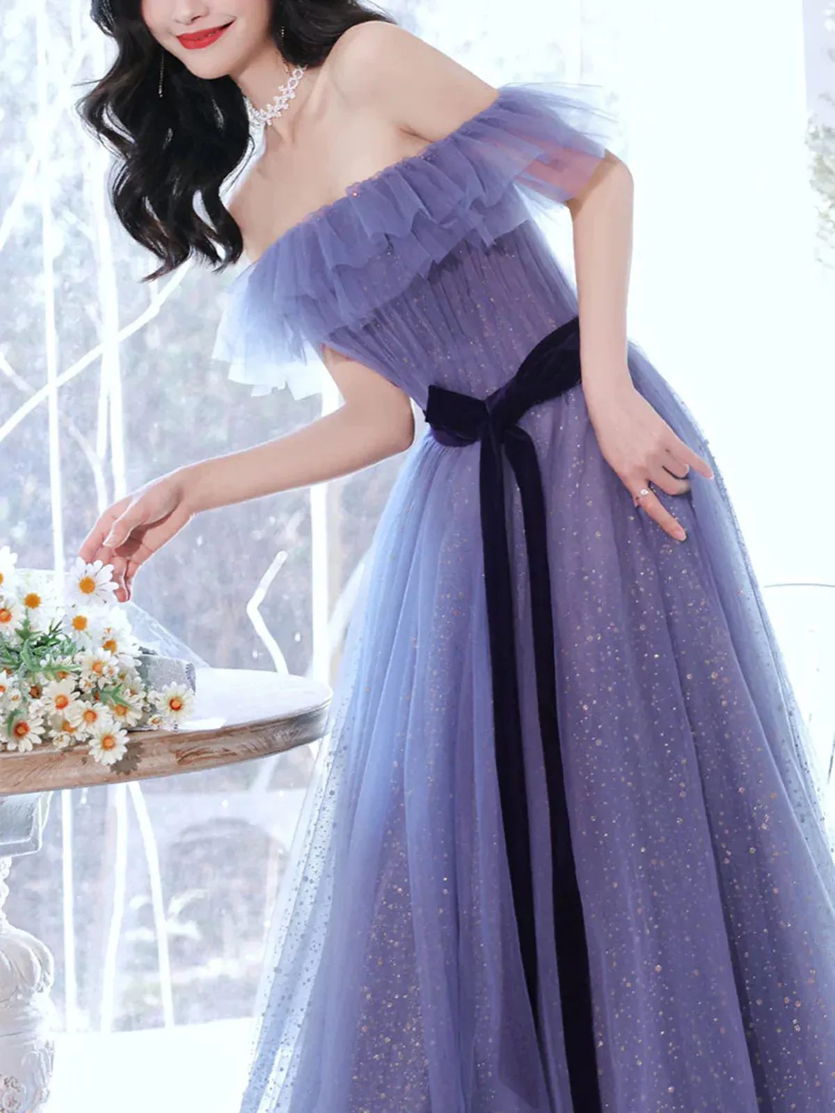 Light Purple Tulle Off Shoulder Long Formal Dress with Bow, A-line Evening Gown