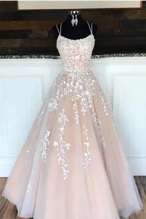 Long Spaghetti Strap Floor Length Sleeveless Criss-cross Tulle Lace Cute Pink Prom Dress 2020 LPD008