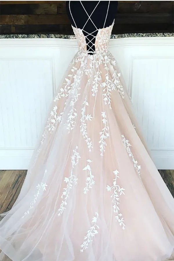 Long Spaghetti Strap Floor Length Sleeveless Criss-cross Tulle Lace Cute Pink Prom Dress 2020 LPD008