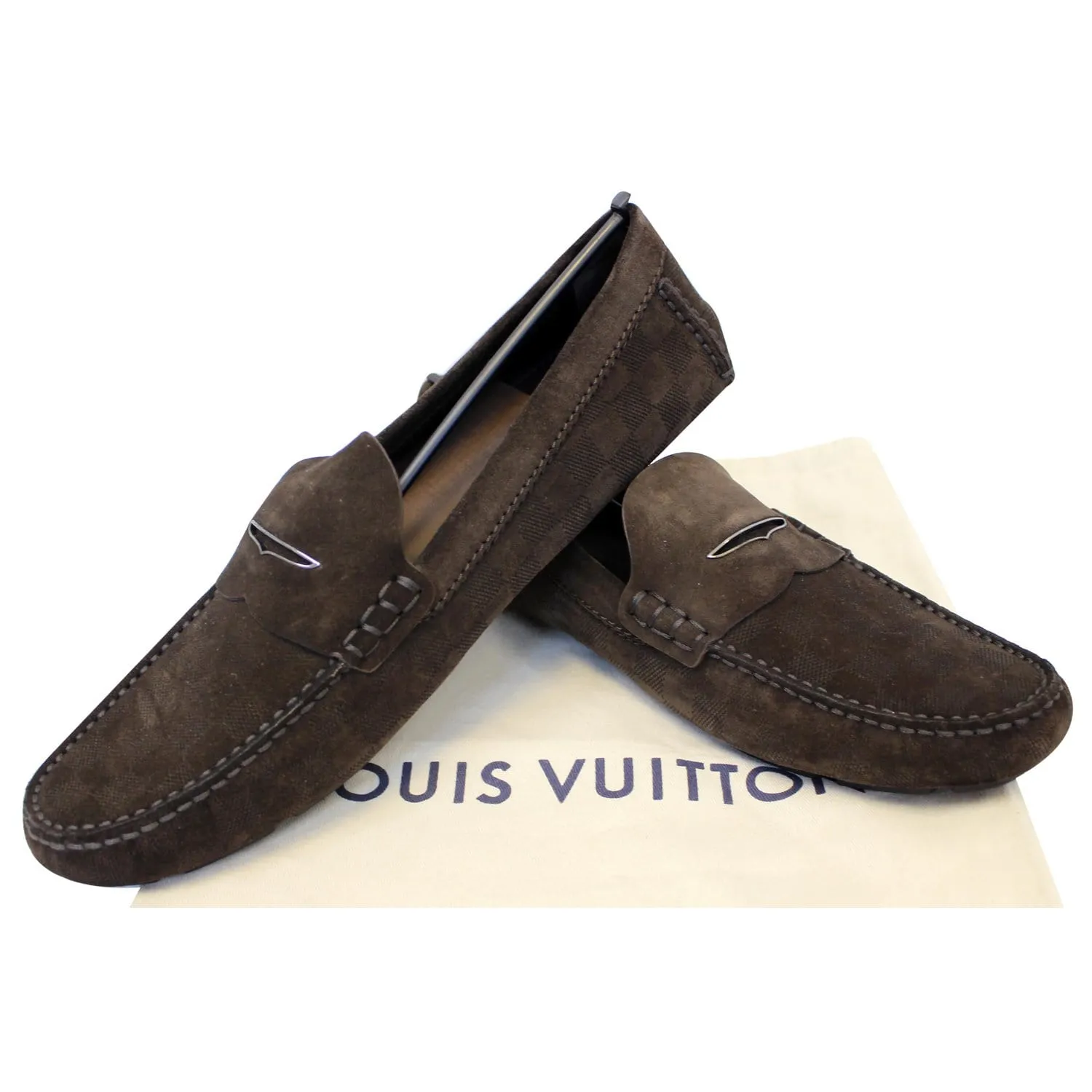 LOUIS VUITTON Embossed Suede Leather Moccasin Dark Brown Size 12 - 20% OFF