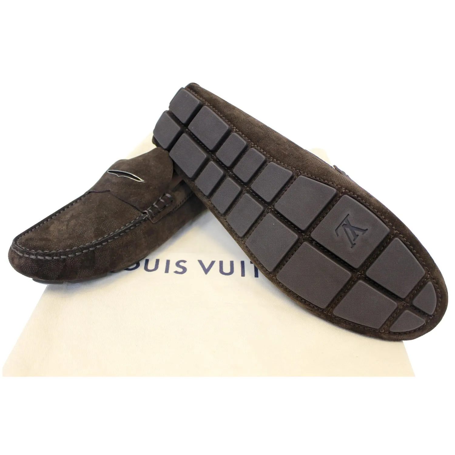 LOUIS VUITTON Embossed Suede Leather Moccasin Dark Brown Size 12 - 20% OFF