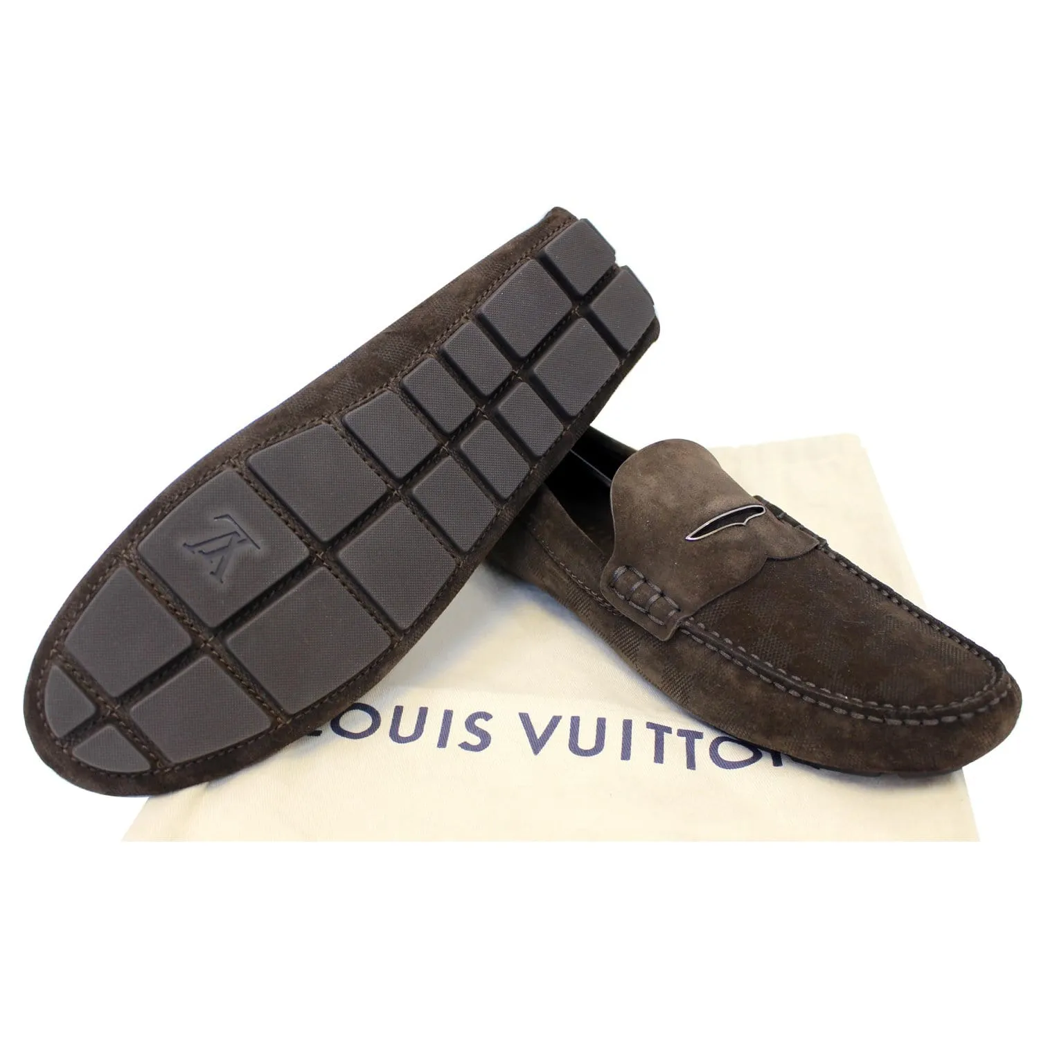 LOUIS VUITTON Embossed Suede Leather Moccasin Dark Brown Size 12 - 20% OFF