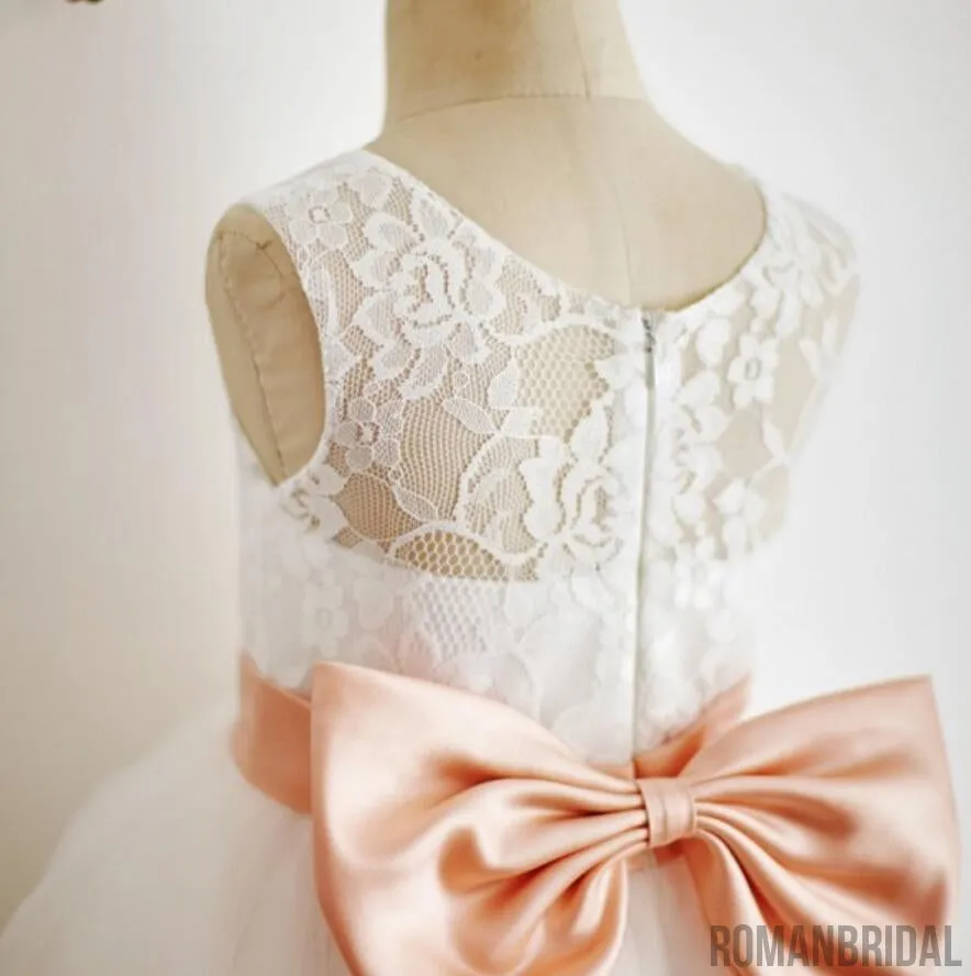 Lovely Illusion Lace Top Tulle Flower Girl Dresses with Knot Bow, Little Girl Dresses, FG082