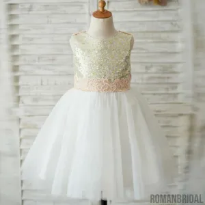 Lovely Lace Sleeveless  Open Back Sequins Tulle Flower Girl Dresses With Bow Sash, FGS028