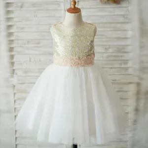 Lovely Lace Sleeveless  Open Back Sequins Tulle Flower Girl Dresses With Bow Sash, FGS028