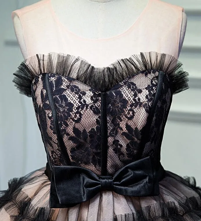 Lovely Pink and Black Short Party Dress with Bow, Cute Black Homecoming Dresses