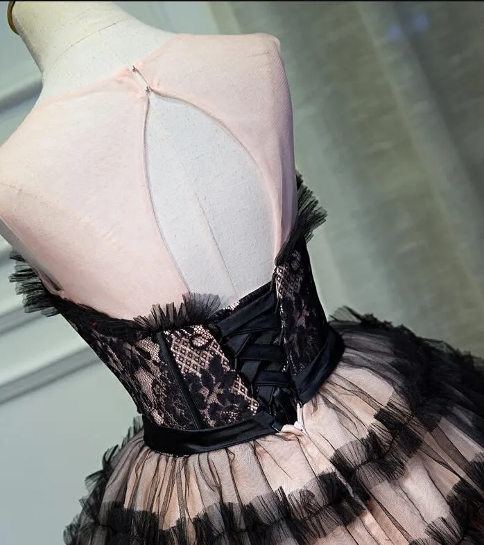 Lovely Pink and Black Short Party Dress with Bow, Cute Black Homecoming Dresses