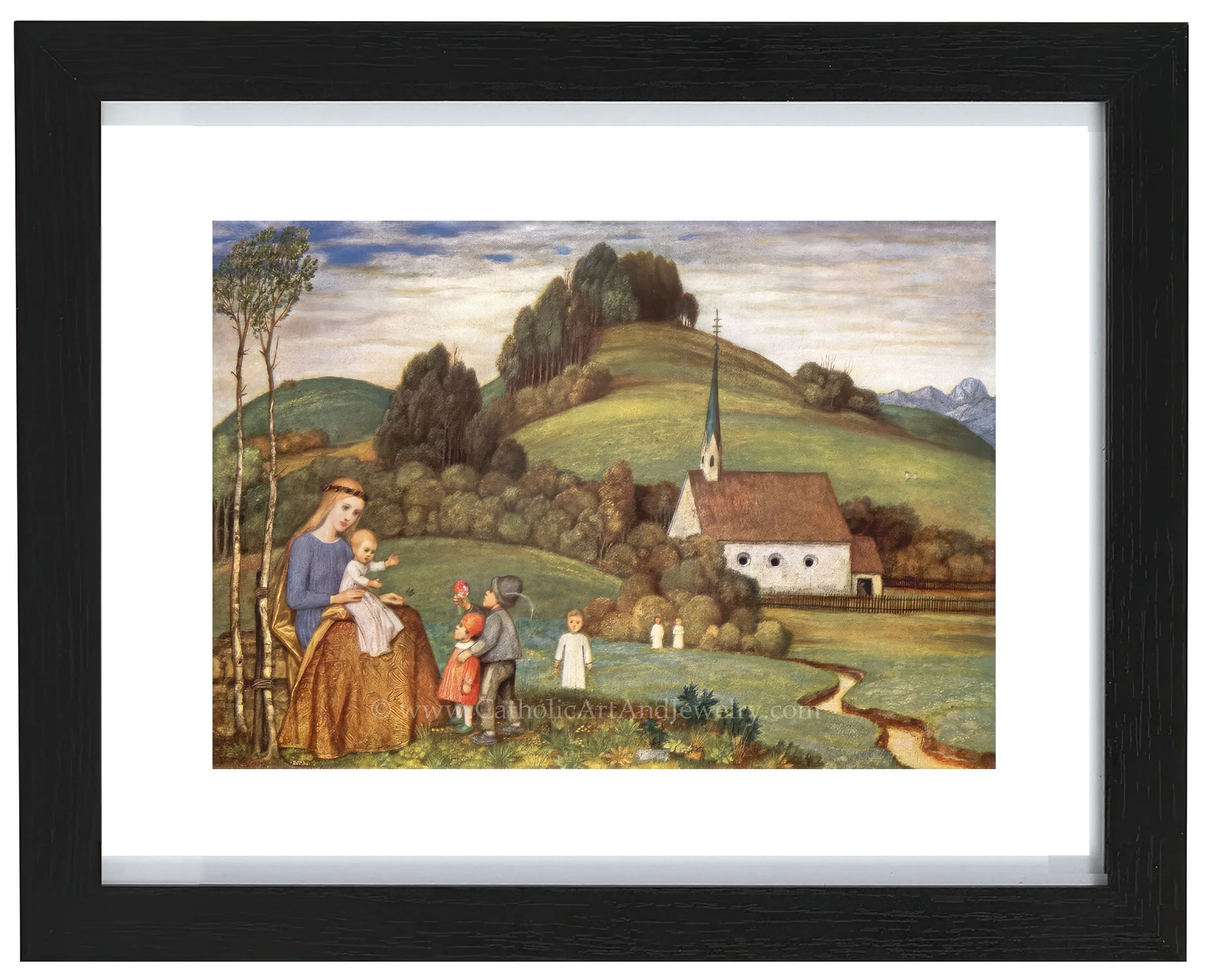 Mary and Jesus at the Chapel with Children – Matthäus Schiestl – Catholic Art Print – Catholic Gift Archival – Quality