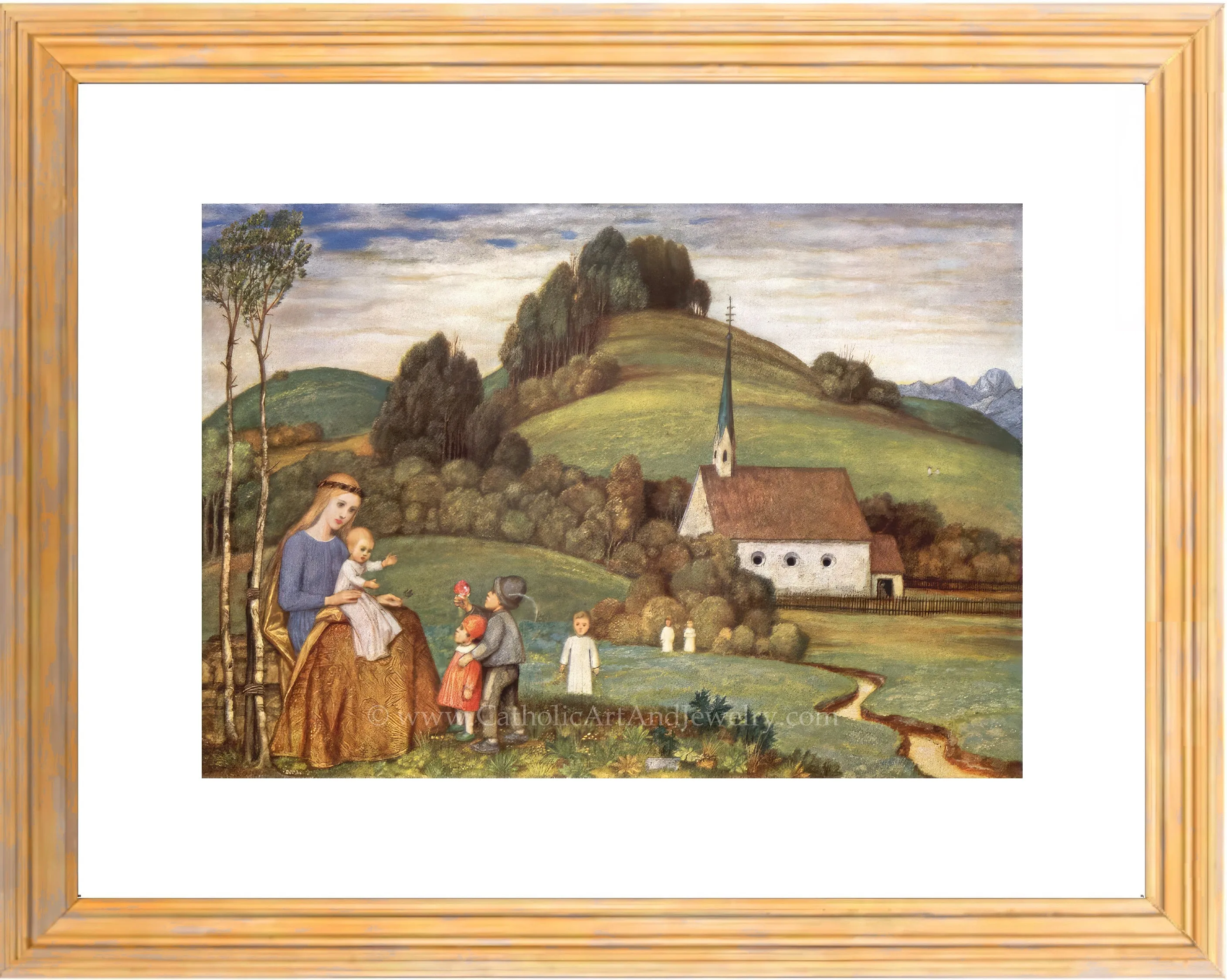 Mary and Jesus at the Chapel with Children – Matthäus Schiestl – Catholic Art Print – Catholic Gift Archival – Quality