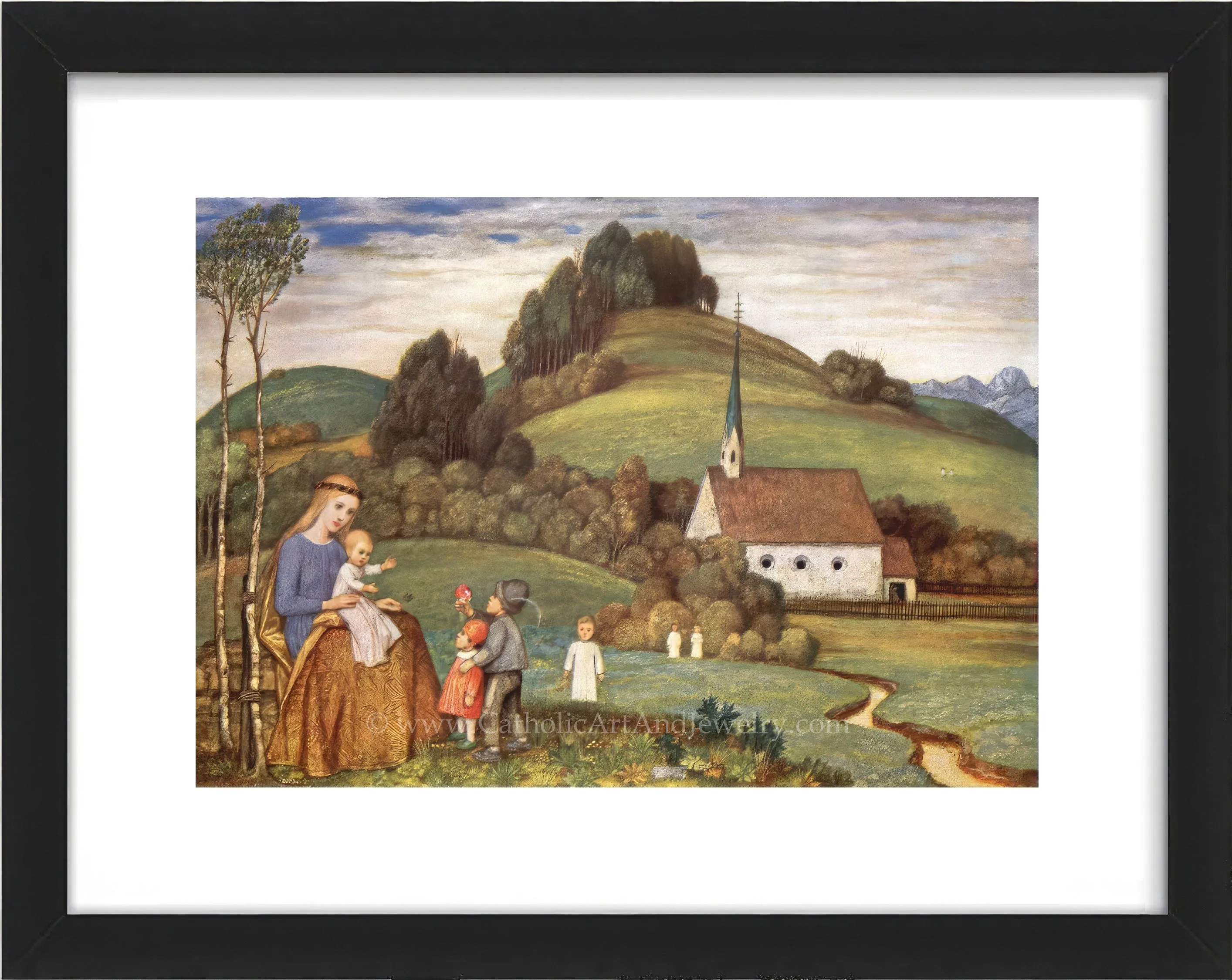Mary and Jesus at the Chapel with Children – Matthäus Schiestl – Catholic Art Print – Catholic Gift Archival – Quality