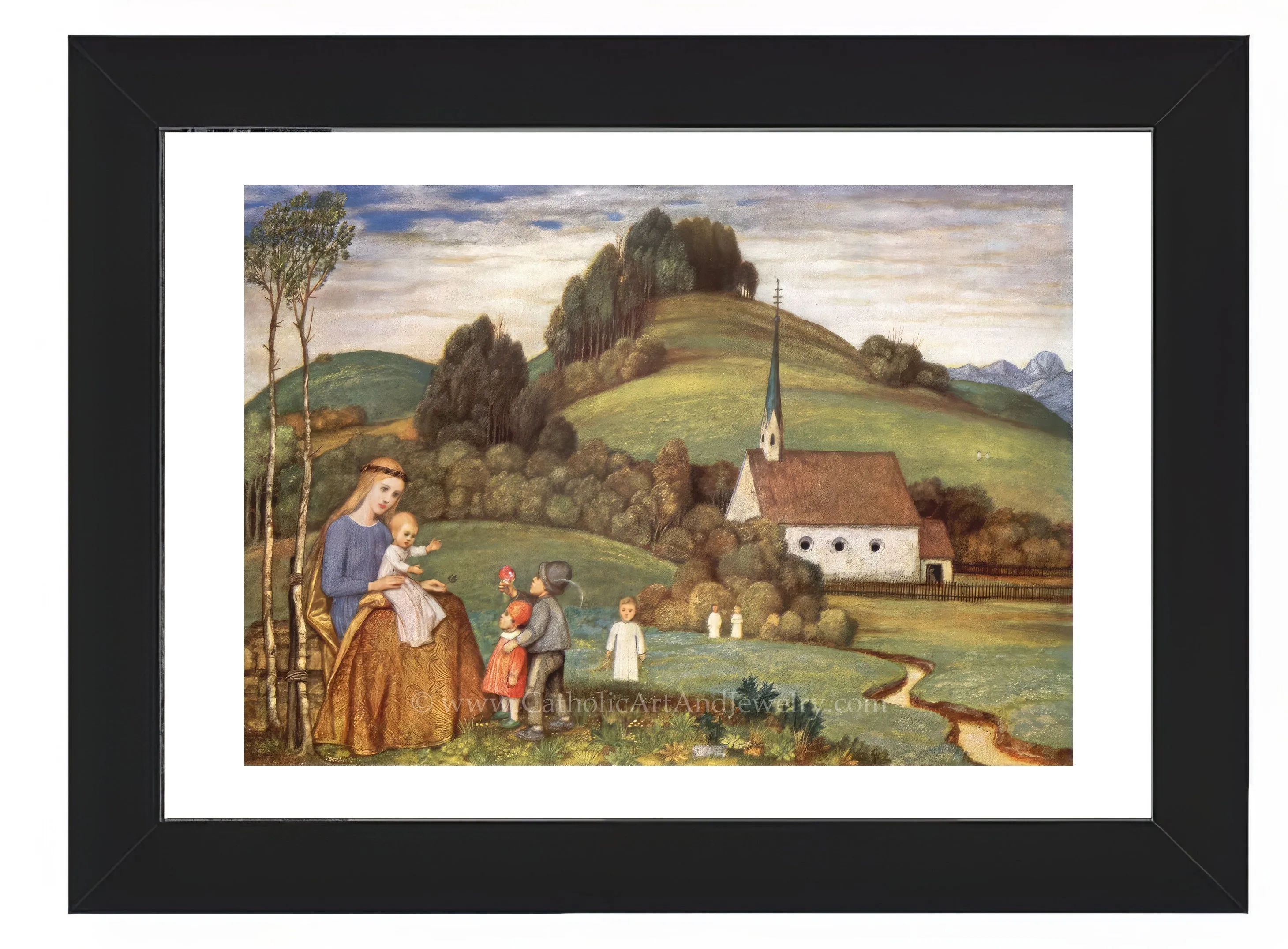Mary and Jesus at the Chapel with Children – Matthäus Schiestl – Catholic Art Print – Catholic Gift Archival – Quality