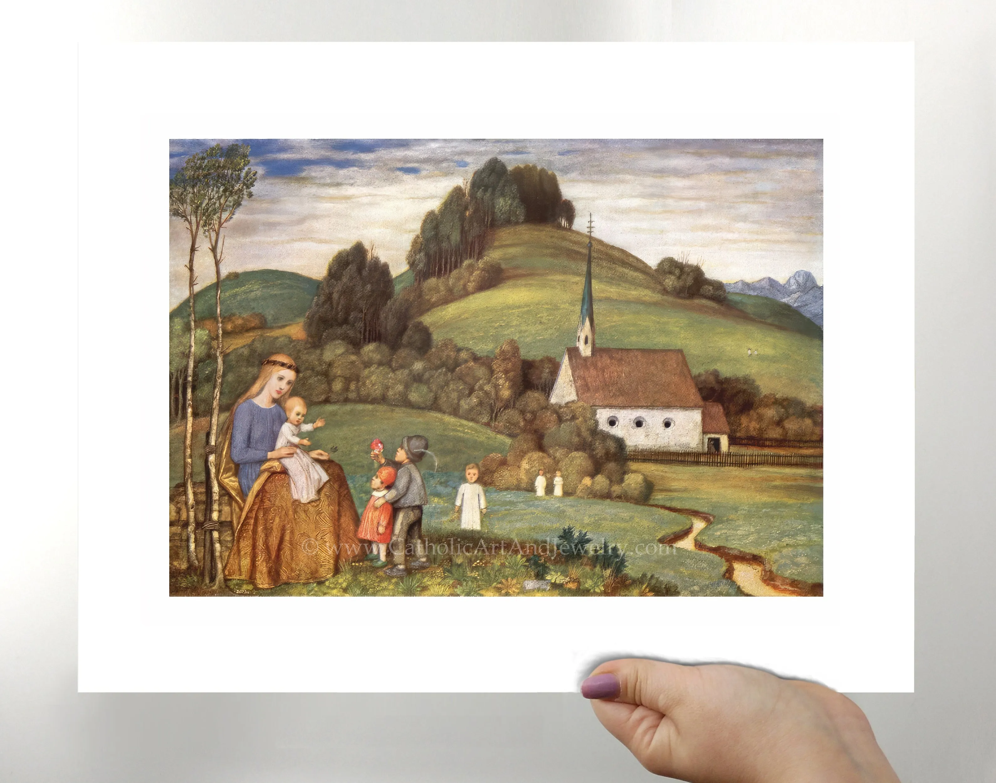 Mary and Jesus at the Chapel with Children – Matthäus Schiestl – Catholic Art Print – Catholic Gift Archival – Quality